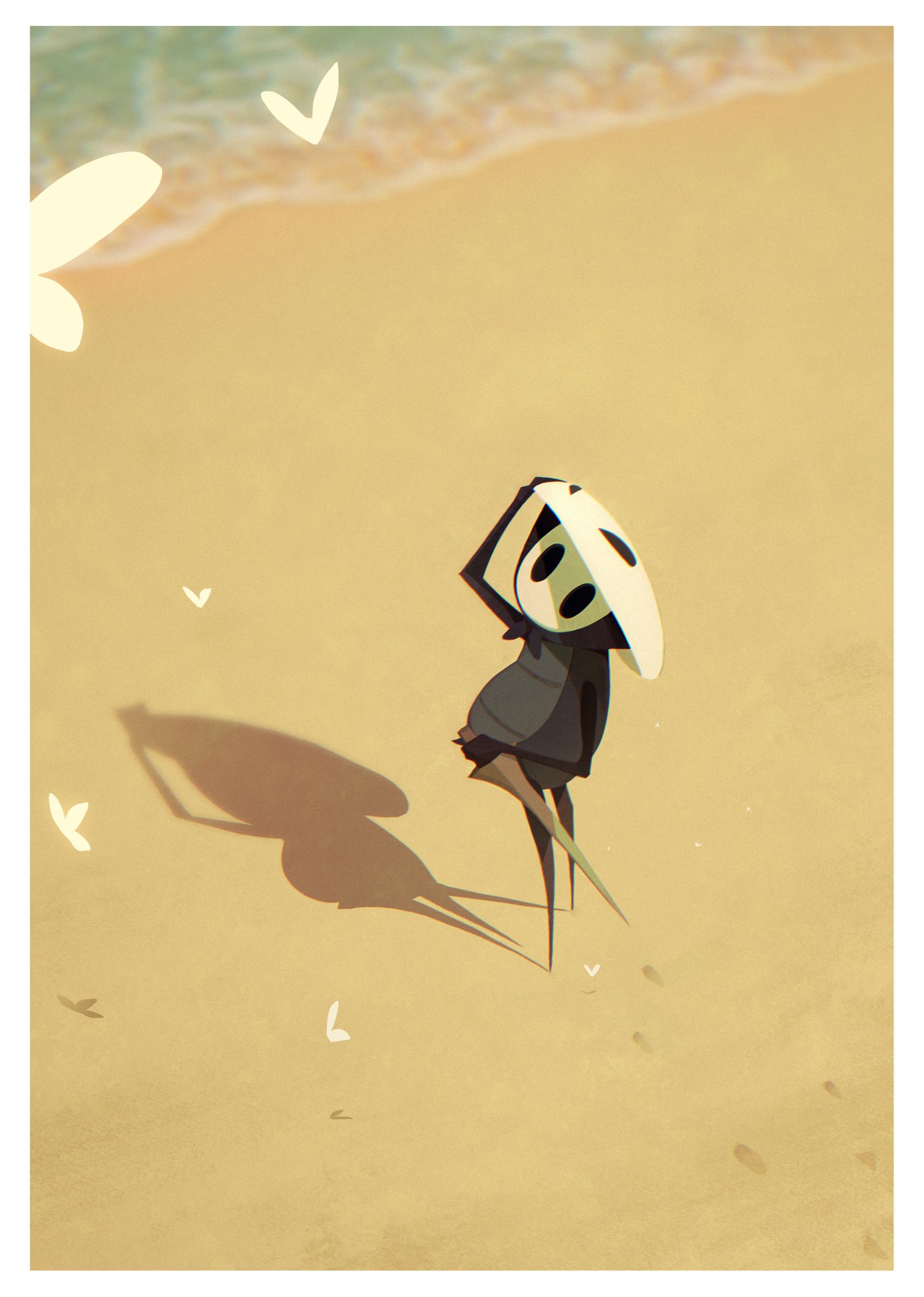 salamitown, quirrel, hollow knight, highres, 1boy, arthropod boy, arthropod limbs, beach, black skin, bug, butterfly, carrying against hip, colored skin, grey headband, grey skin, hand on mask, headband, holding, holding sword, holding weapon, hollow eyes, insect, looking at animal, looking up, male focus, mask, mask on head, ocean, sand, shadow, sheath, sheathed, shore, solo, sword, water, weapon, white butterfly, white mask