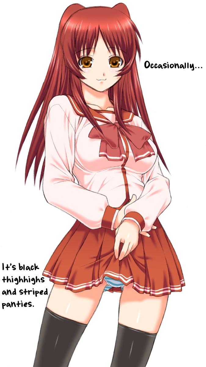 kousaka tamaki, to heart (series), to heart 2, black legwear, highres, translated, 00s, :3, blue panties, blush, brown eyes, clothes lift, miniskirt, panties, pleated skirt, red hair, school uniform, serafuku, skirt, skirt lift, smile, standing, striped clothes, striped panties, thighhighs, underwear, zettai ryouiki
