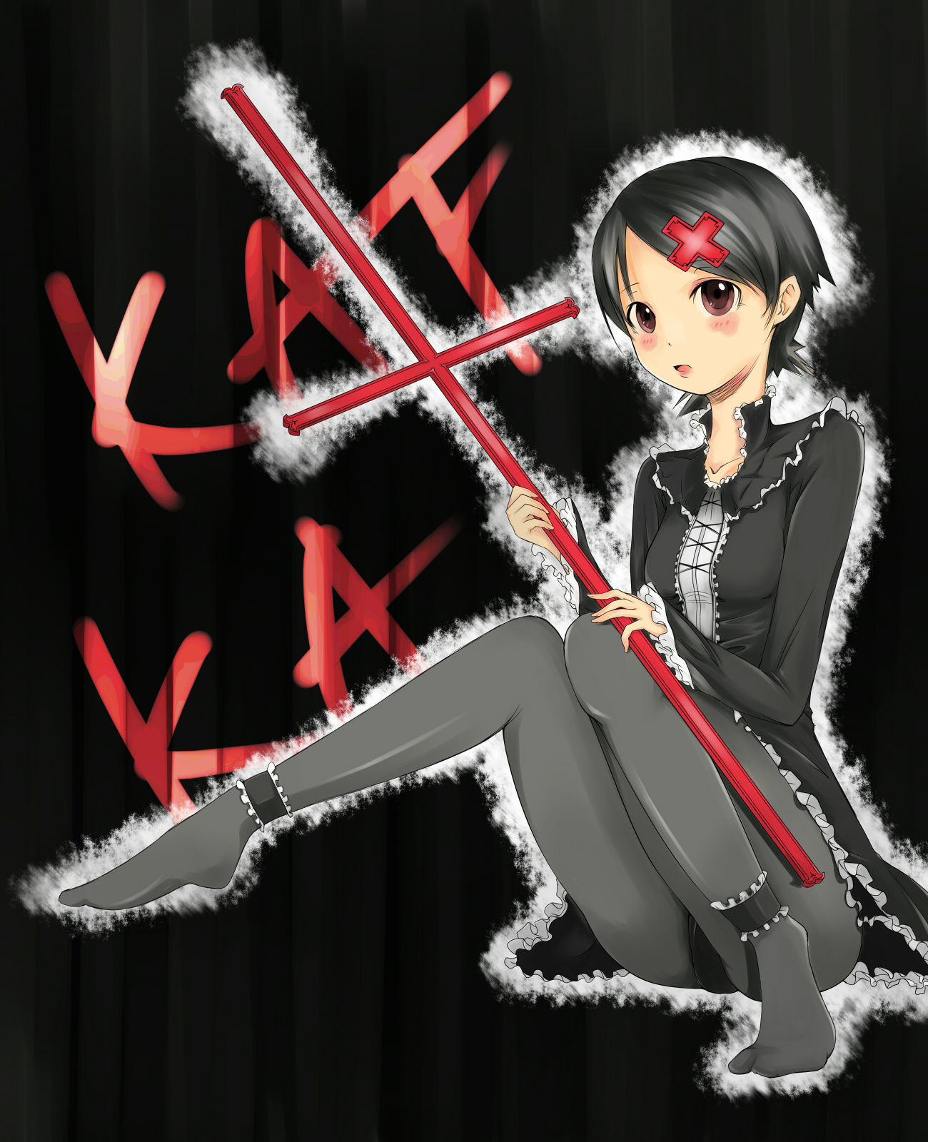 buriteri, fuura kafuka, sayonara zetsubou sensei, bad id, bad pixiv id, highres, 00s, 1girl, black hair, black pantyhose, cross, female focus, gothic lolita, lolita fashion, looking at viewer, no shoes, open mouth, pantyhose, red eyes, short hair, sitting, solo