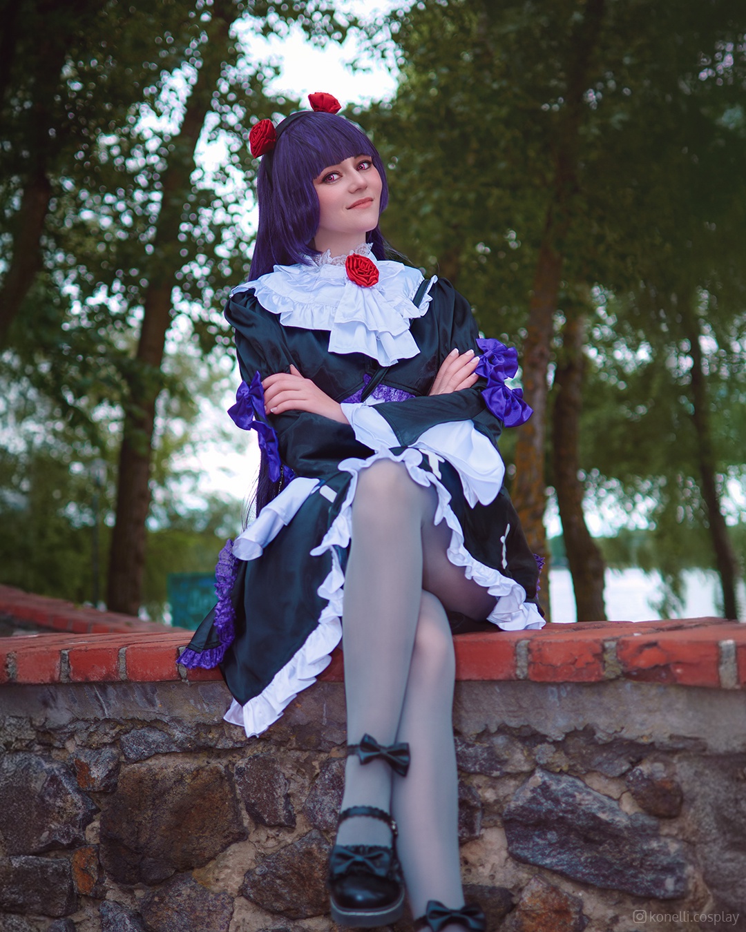 gokou ruri, ore no imouto ga konna ni kawaii wake ga nai, photo (medium), ankle ribbon, cosplay, dress, flower, frilled dress, frilled sleeves, frills, hair flower, hair ornament, konelli, leg ribbon, maid, maid headdress, mary janes, purple dress, purple hair, red eyes, ribbon, rose hair ornament, see-through clothes, see-through legwear, shoes, thighhighs, tree