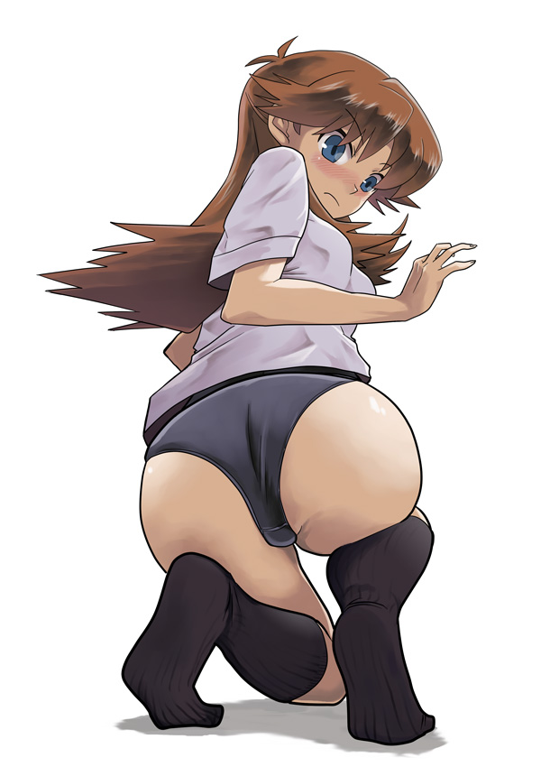 kururanabaru, green (pokemon), nintendo, pokemon, pokemon adventures, derivative work, photo-referenced, 1girl, ass, back, black socks, blue eyes, blush, breasts, brown hair, buruma, feet, female focus, from behind, gym uniform, kneeling, long hair, looking back, simple background, socks, solo, white background