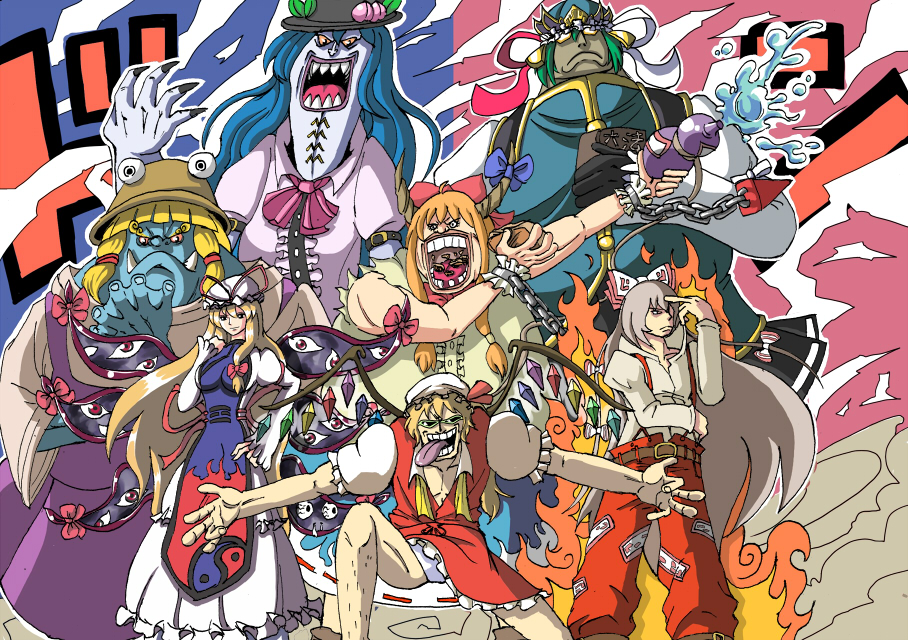 tsukaisute, bartholomew kuma, boa hancock, donquixote doflamingo, dracule mihawk, flandre scarlet, fujiwara no mokou, gecko moria, hinanawi tenshi, ibuki suika, jinbe (one piece), marshall d. teach, moriya suwako, shiki eiki, yakumo yukari, one piece, touhou, silver hair, annotated, bad id, bad pixiv id, character request, 6+boys, 6+girls, amazon warrior, blonde hair, blue hair, blue skin, colored skin, cosplay, crossdressing, flandre scarlet (cosplay), fujiwara no mokou (cosplay), green hair, hat, hinanawi tenshi (cosplay), horns, ibuki suika (cosplay), missing tooth, monster boy, moriya suwako (cosplay), multiple boys, multiple girls, parody, ribbon, shiki eiki (cosplay), short hair, sunglasses, white skin, yakumo yukari (cosplay)