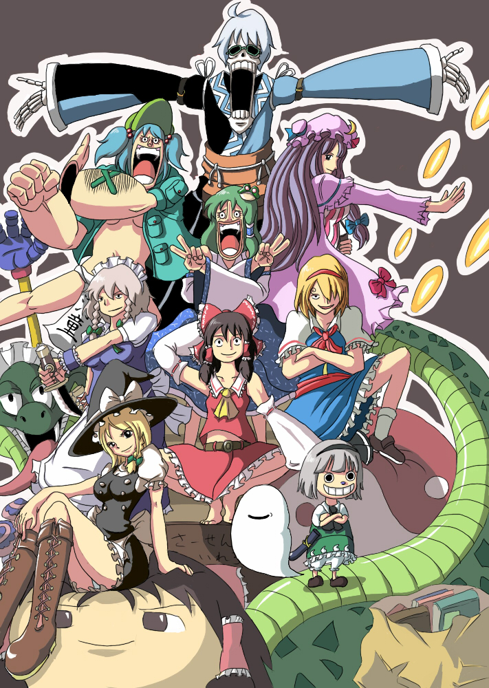 tsukaisute, alice margatroid, hakurei reimu, izayoi sakuya, kawashiro nitori, kirisame marisa, kochiya sanae, konpaku youmu, morichika rinnosuke, patchouli knowledge, one piece, touhou, silver hair, annotated, bad id, bad pixiv id, 1boy, 6+girls, barefoot, blonde hair, blue hair, breasts, dress, green hair, hat, long hair, maid, multiple girls, parody, purple hair, short hair, skirt, underwear, witch, witch hat, yukkuri shiteitte ne