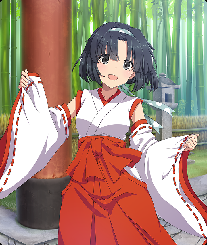 musumi kiyoka, toji no miko, toji no miko: kizamishi issen no tomoshibi, game cg, official art, third-party source, 1girl, :d, bamboo, bamboo forest, black hair, breasts, cowboy shot, day, detached sleeves, dot nose, forest, green hairband, grey eyes, hairband, hakama, hands up, head tilt, japanese clothes, kosode, medium breasts, nature, nontraditional miko, open mouth, outdoors, parted bangs, polka dot hairband, red hakama, short hair, sleeveless, smile, solo, stone lantern, stone walkway, torii, white sleeves, wide sleeves