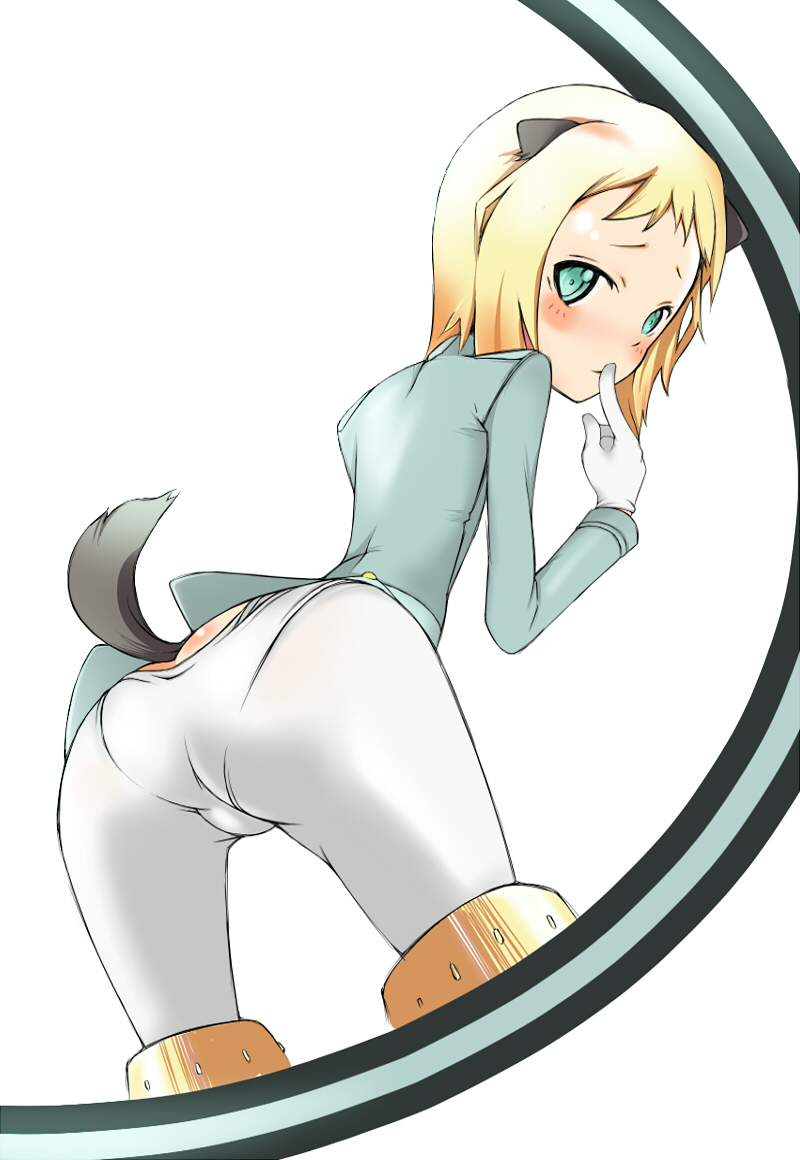 buriteri, elma leivonen, strike witches, strike witches: suomus misfits squadron, world witches series, bad id, bad pixiv id, 00s, 1girl, animal ears, ass, blonde hair, blue eyes, blush, dog ears, dog tail, female focus, finger to mouth, from behind, gloves, looking back, pantyhose, pantylines, short hair, solo, striker unit, tail, white gloves, white pantyhose
