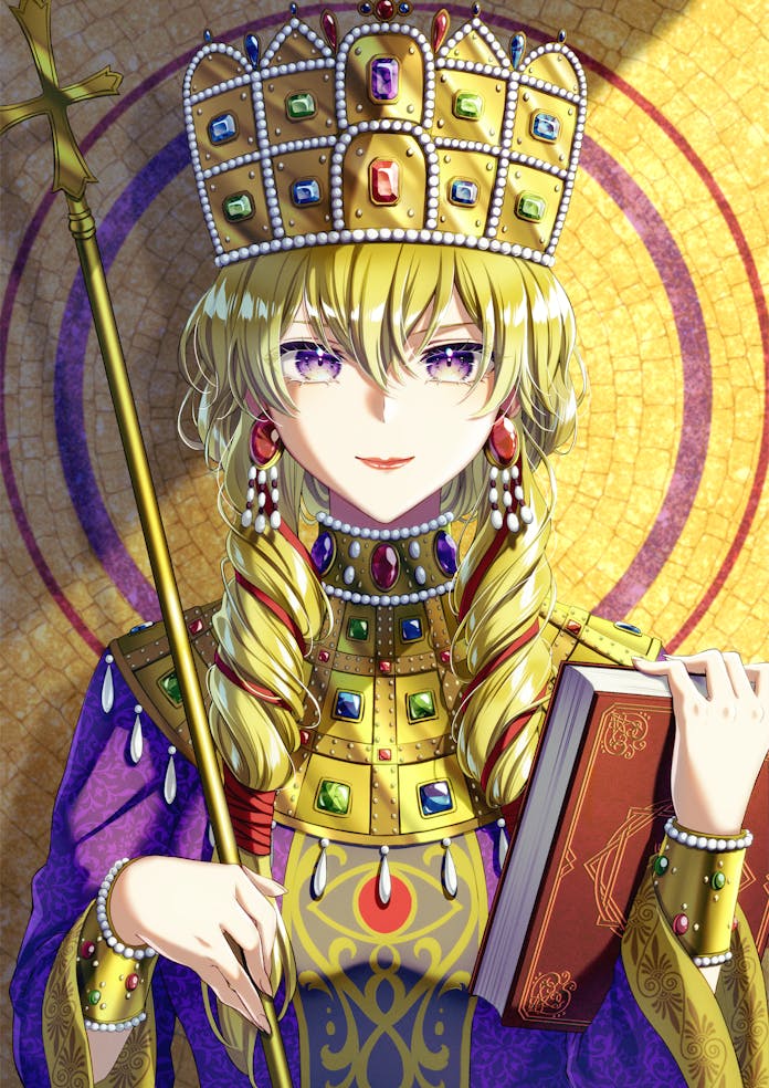 alto2019, yakumo yukari, touhou, empress, commentary request, commission, hairstyle request, skeb commission, 1girl, alternate costume, alternate hairstyle, blonde hair, book, byzantine clothes, byzantine empire, closed mouth, cross, crown, dress, earrings, eye print, gem, gold, greek cross, high collar, holding, holding book, holding scepter, jewelry, lips, looking at viewer, mosaic background, ornate clothes, purple dress, purple eyes, scepter, smile, solo