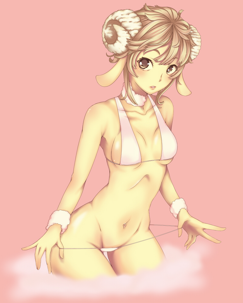 buriteri, original, bad id, bad pixiv id, 1girl, animal ears, bikini, bikini pull, breasts, brown eyes, brown hair, clothes pull, collarbone, female focus, goat ears, groin, horns, looking at viewer, navel, open mouth, pink background, pulling own clothes, short hair, sideboob, simple background, solo, swimsuit, underboob, white bikini, wrist cuffs