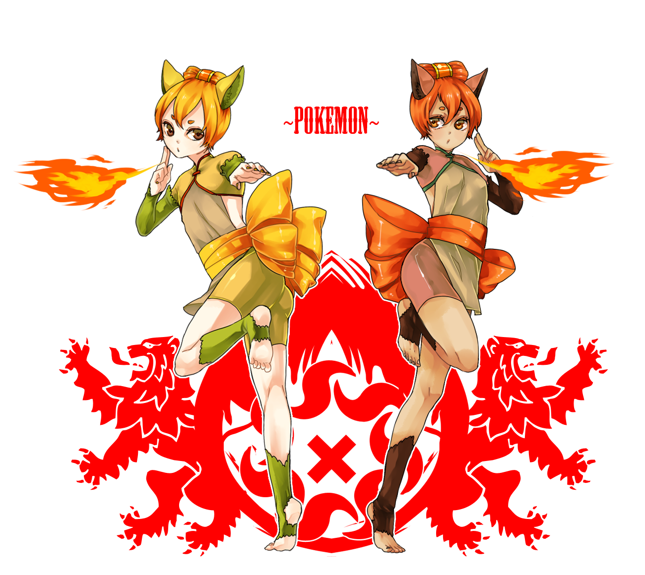 hokora, hokora (n70), vulpix, moemon, nintendo, pokemon, bad id, bad pixiv id, 1girl, alternate color, animal ears, bike shorts, blonde hair, bow, brown eyes, brown hair, costume, fire, gen 1 pokemon, japanese clothes, multiple views, personification, shiny and normal, shiny pokemon, toeless legwear, yellow eyes