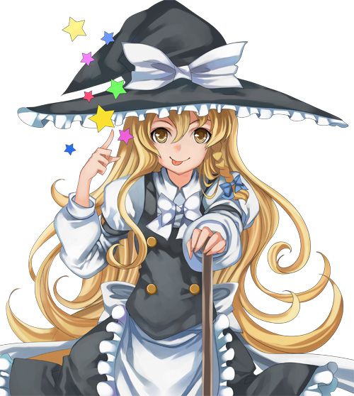 senzi, kirisame marisa, touhou, 1girl, :p, blonde hair, braid, female focus, hat, long hair, ribbon, simple background, skirt, solo, tongue, tongue out, white background, yellow eyes