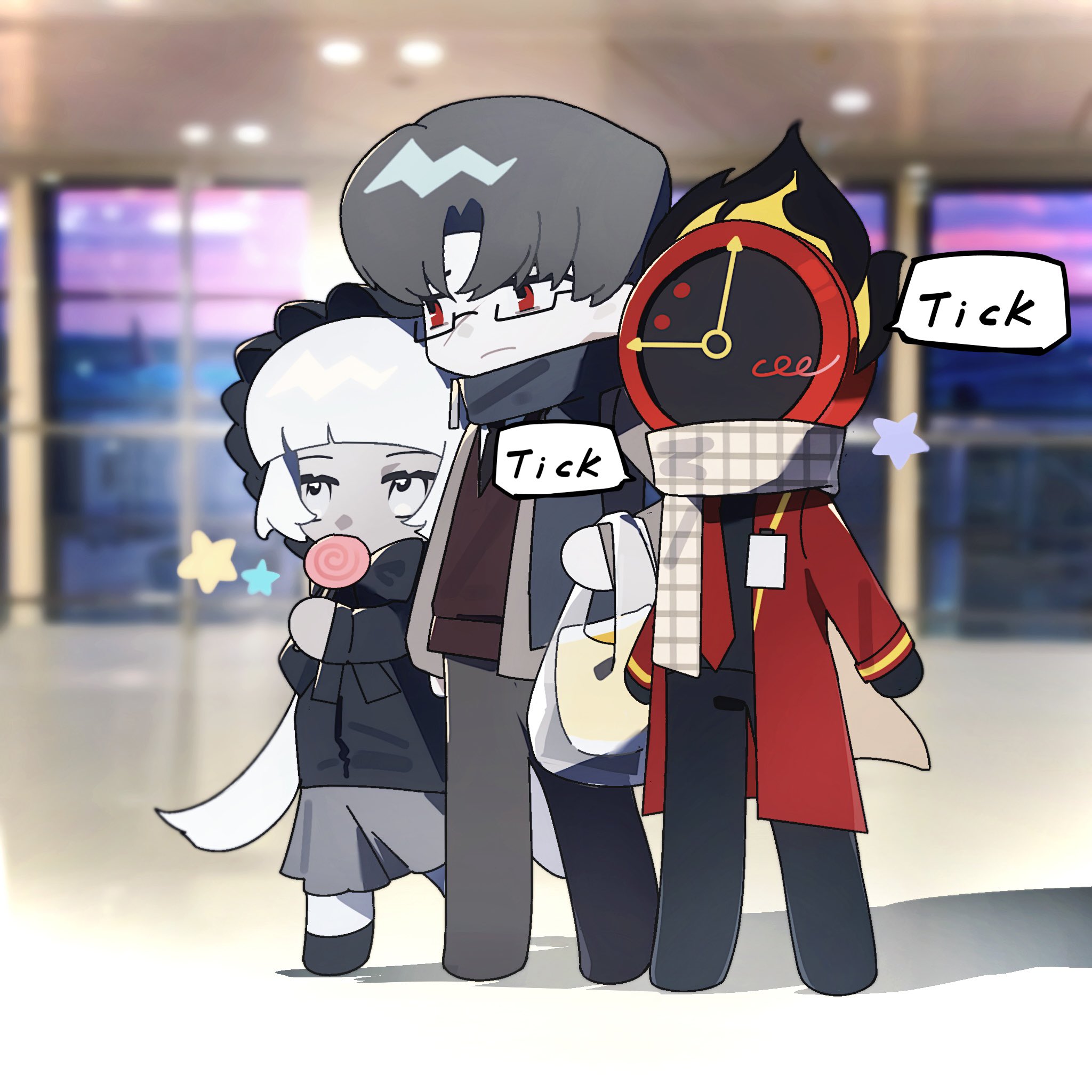 charon (project moon), dante (limbus company), vergilius (project moon), limbus company, project moon, highres, 1boy, 1girl, 1other, black gloves, black jacket, black necktie, black scarf, black shirt, brown sweater, candy, clock, closed mouth, colored skin, flaming head, food, full body, gala9960, glasses, gloves, grey hair, grey jacket, grey skin, grey skirt, holding, holding candy, holding food, holding lollipop, jacket, lollipop, looking to the side, necktie, object head, plaid clothes, plaid scarf, red eyes, scarf, shirt, skirt, sweater