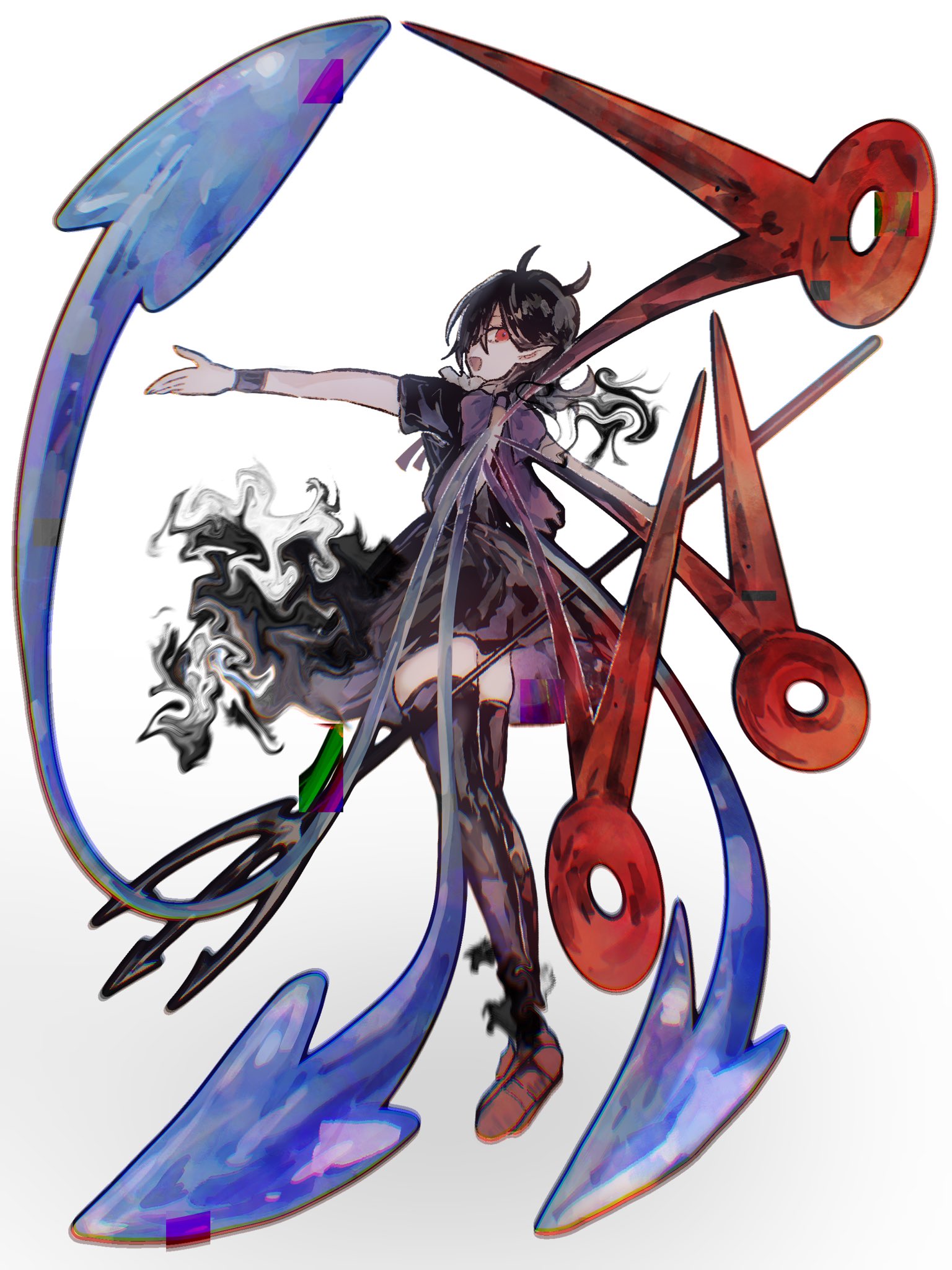 mitsusame, houjuu nue, touhou, commentary request, highres, 1girl, asymmetrical wings, black dress, black hair, black thighhighs, blue wings, brown shoes, distortion, dress, from behind, full body, holding, holding polearm, holding weapon, looking at viewer, looking back, open mouth, pointy ears, polearm, red eyes, red wings, shoes, short hair, simple background, smile, solo, thighhighs, trident, weapon, white background, wings