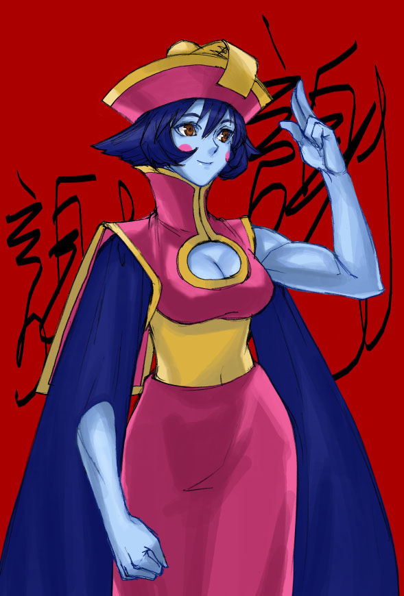 tetsu (kimuchi), hsien-ko, capcom, darkstalkers, 1girl, blue skin, breasts, cleavage, cleavage cutout, clothing cutout, colored skin, female focus, flipped hair, red background, solo