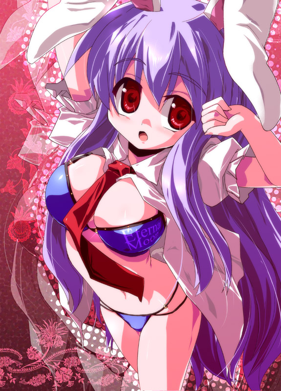 miuku (marine sapphire), reisen udongein inaba, touhou, 1girl, animal ears, bikini, breasts, cleavage, female focus, large breasts, long hair, necktie, open clothes, open shirt, purple hair, rabbit ears, rabbit girl, rabbit tail, red eyes, red necktie, shirt, solo, swimsuit, tail