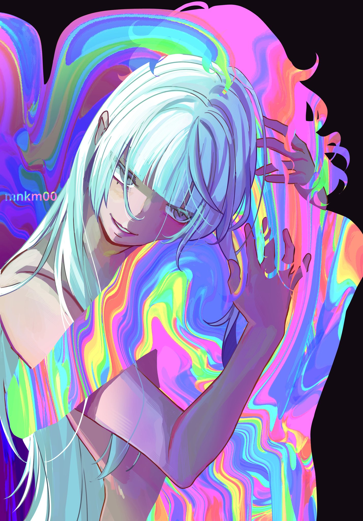 original, commentary, english commentary, highres, 1girl, 1other, ambiguous gender, artist name, black background, blunt bangs, crazy, eyelashes, from behind, grey eyes, hand in another's hair, hand on another's back, head on another's shoulder, hug, long hair, long sidelocks, looking at another, other with female, reean, shaded face, short hair, sidelocks, silhouette, straight hair, topless female, very long hair, wavy hair, white hair