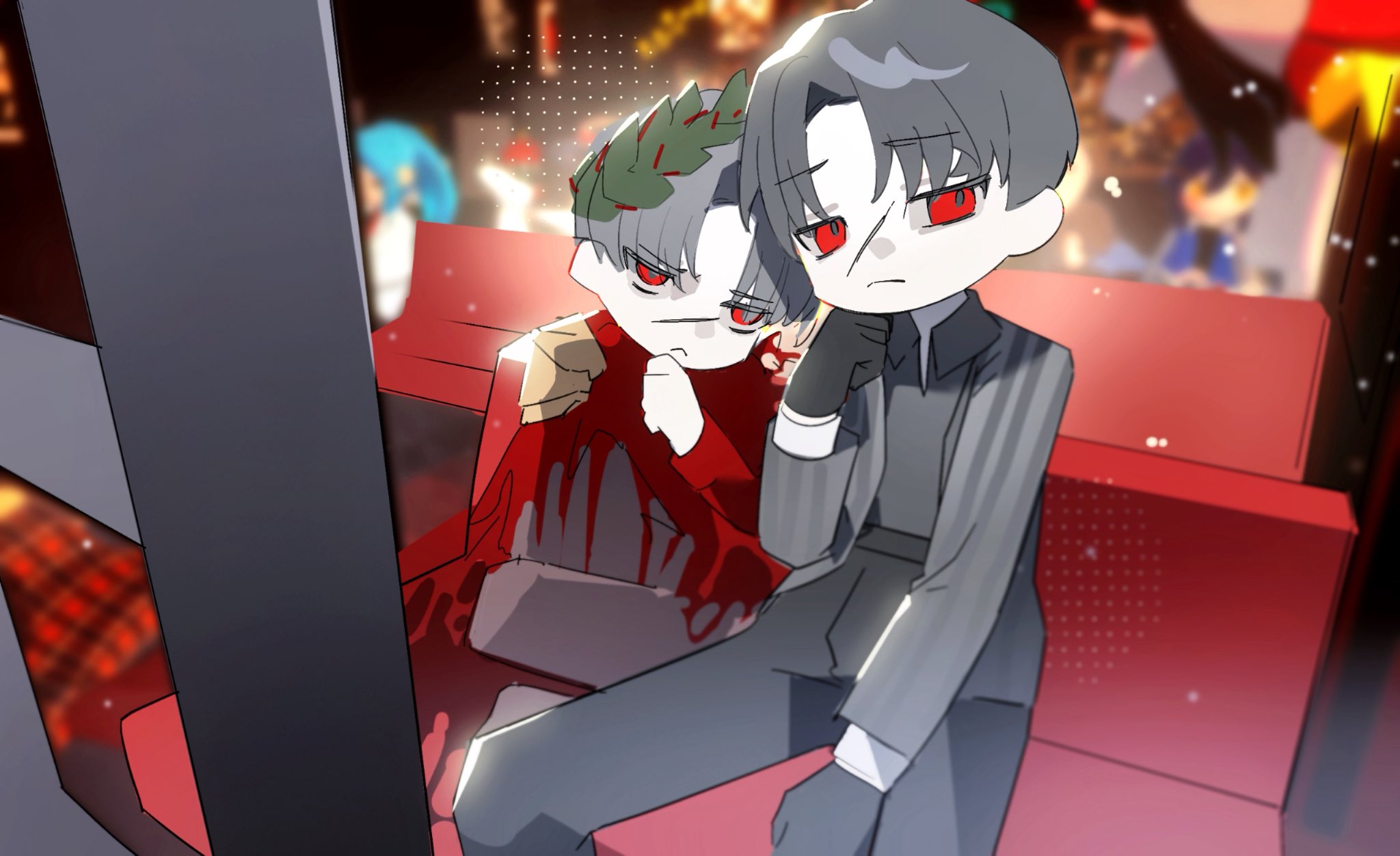 vergilius (project moon), limbus company, project moon, highres, 2boys, cape, closed mouth, collared shirt, dual persona, e.g.o (project moon), gala9960, grey hair, grey jacket, grey shirt, jacket, laurel crown, looking at viewer, mephistopheles (project moon), multiple boys, parted bangs, red cape, red eyes, scar, scar on face, shirt, sitting, striped clothes, striped jacket