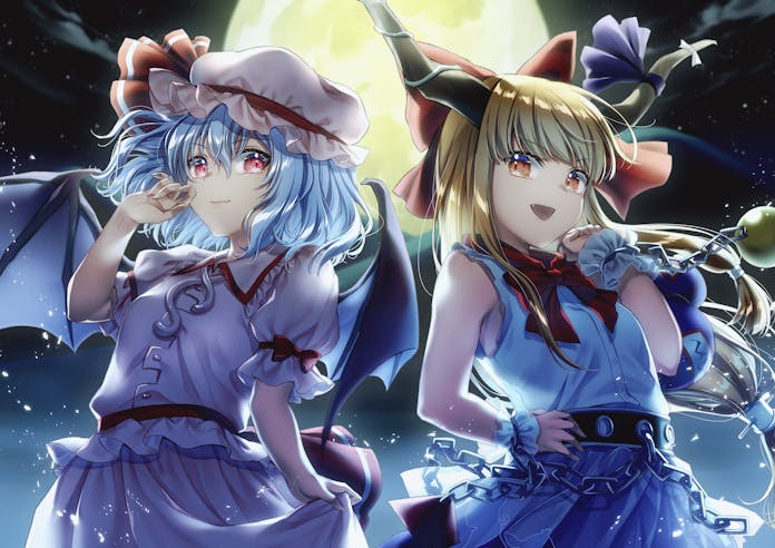 alto2019, ibuki suika, remilia scarlet, touhou, commentary request, commission, skeb commission, 2girls, ball and chain restraint, bat wings, blonde hair, blue hair, bow, brown horns, chain, closed mouth, collared shirt, frilled shirt collar, frills, full moon, gourd, hair bow, hand on own hip, hat, hat ribbon, horn ornament, horn ribbon, horns, looking at viewer, mob cap, moon, multiple girls, night, oni, open mouth, orange eyes, pink hat, pink shirt, pink skirt, puffy short sleeves, puffy sleeves, purple skirt, red bow, red eyes, ribbon, shirt, short sleeves, skirt, skirt hold, sky, sleeve bow, smile, white shirt, wings