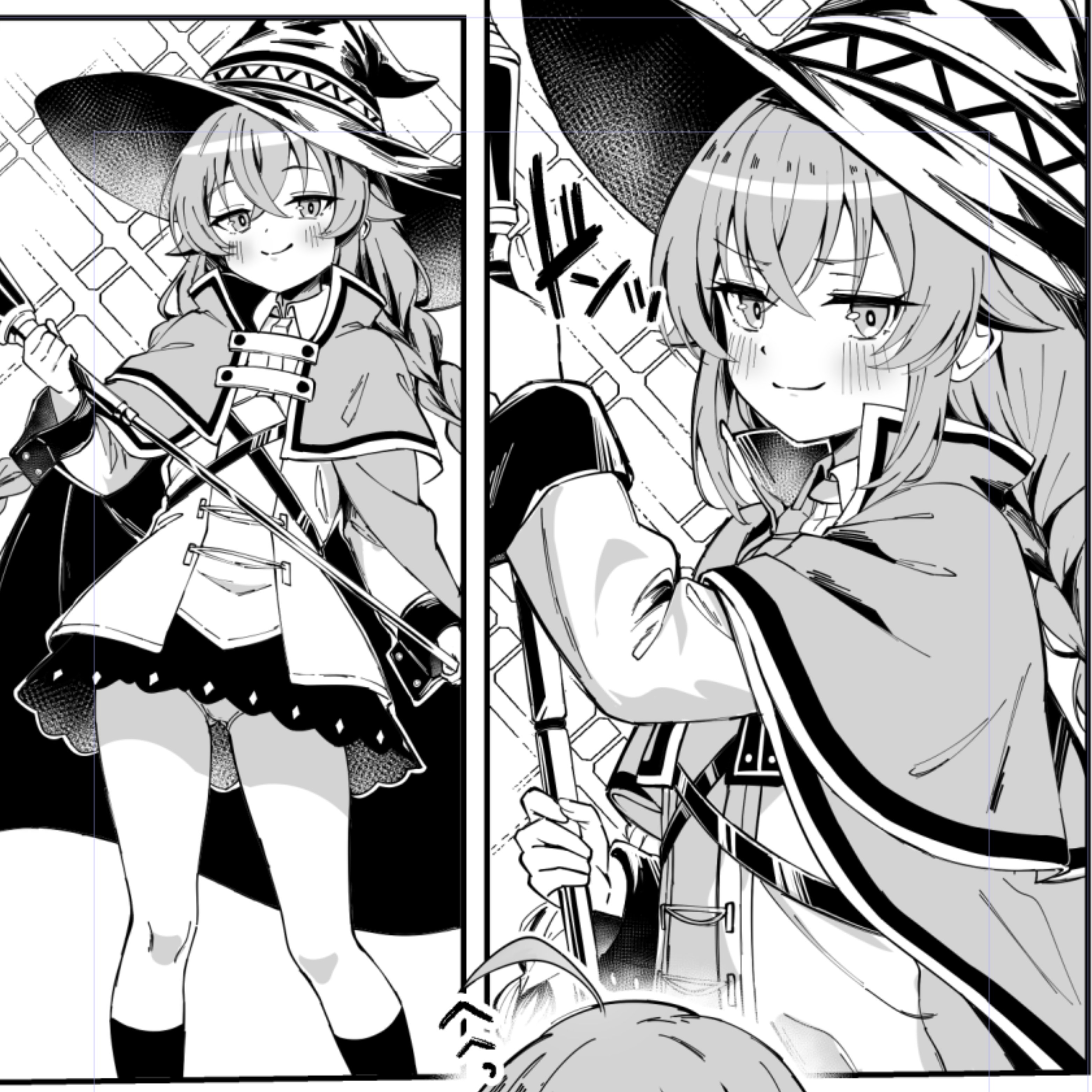 nakatokung, roxy migurdia, rudeus greyrat, mushoku tensei, absurdres, highres, 1boy, 1girl, ahoge, braid, greyscale, hat, holding, holding staff, looking at viewer, mage staff, monochrome, panties, panty peek, smile, staff, twin braids, underwear, witch hat