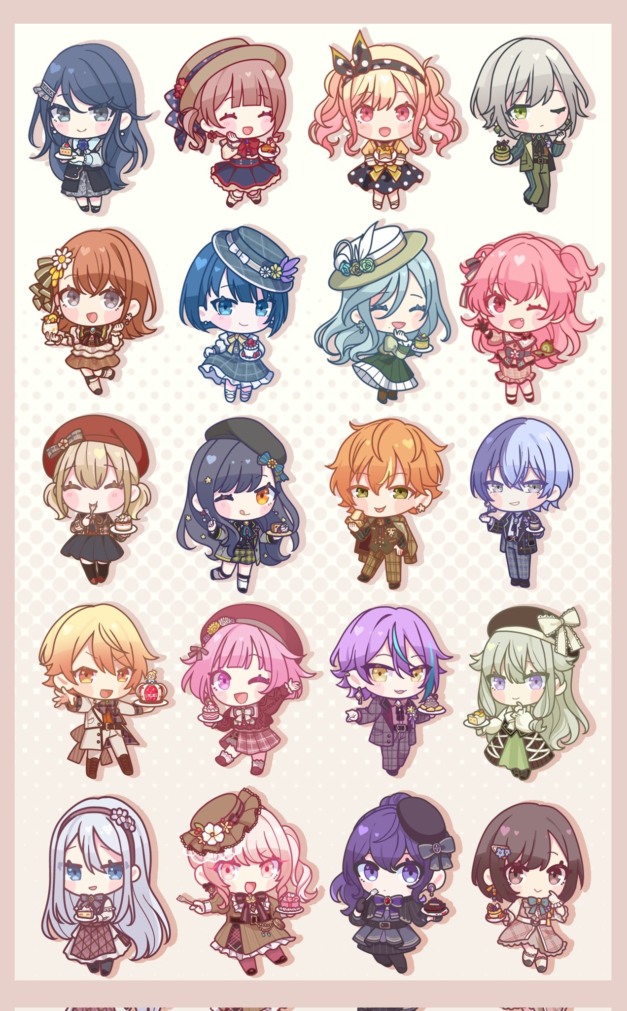akiyama mizuki, aoyagi touya, asahina mafuyu, azusawa kohane, hanasato minori, hinomori shiho, hinomori shizuku, hoshino ichika (project sekai), kamishiro rui, kiritani haruka, kusanagi nene, mochizuki honami, momoi airi, ootori emu, shinonome akito, shinonome ena, shiraishi an, tenma saki, tenma tsukasa, yoisaki kanade, 25-ji nightcord de. (project sekai), project sekai, commentary, corrupted twitter file, highres, symbol-only commentary, 1other, 3boys, 6+girls, ^ ^, aqua hair, birthday, black hat, blonde hair, blue hair, border, brown background, brown border, brown hair, cake, chibi, closed eyes, drop shadow, everyone, food, halftone, halftone background, hand on own cheek, hand on own face, happy, hat, holding, holding plate, leo/need (project sekai), long hair, more more jump! (project sekai), multiple boys, multiple girls, pink hair, plate, reean, short hair, side ponytail, standing, two-tone background, very long hair, vivid bad squad (project sekai), white background, wonderlands x showtime (project sekai)