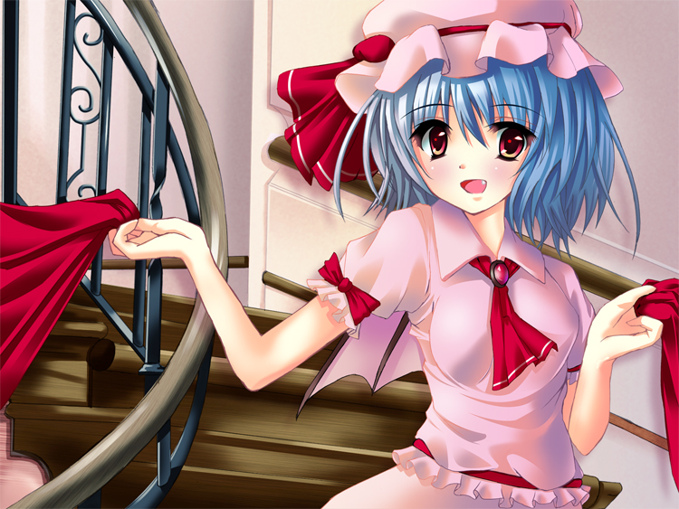 shiraha, remilia scarlet, touhou, 1girl, bat wings, blue hair, female focus, hat, indoors, red eyes, short hair, solo, standing, wings