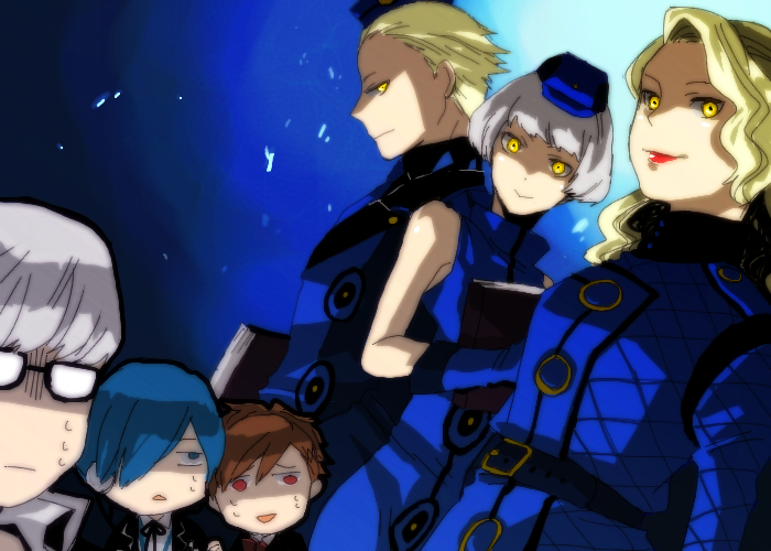 hika (amane222), elizabeth (persona), margaret (persona), narukami yu, shiomi kotone, theodore (persona), yuuki makoto (persona 3), atlus, persona, persona 3, persona 3 portable, persona 4, margaret, bad id, bad pixiv id, 3boys, 3girls, blonde hair, blue eyes, blue hair, book, brown hair, glasses, grey hair, hat, lipstick, long hair, makeup, multiple boys, multiple girls, nervous, red eyes, short hair, siblings, sweatdrop, white hair, yellow eyes, you gonna get raped