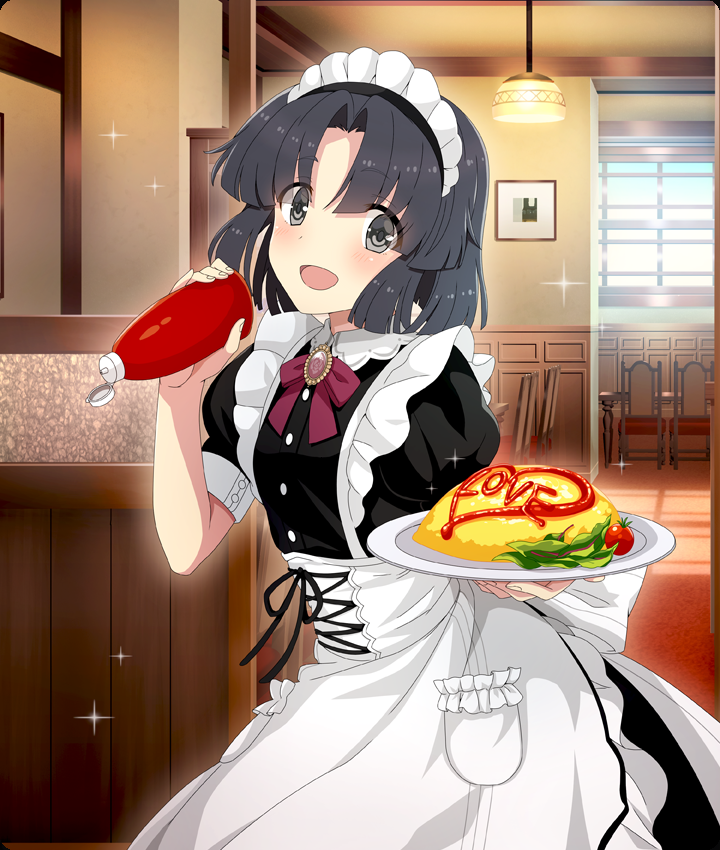 musumi kiyoka, toji no miko, toji no miko: kizamishi issen no tomoshibi, game cg, official art, third-party source, 1girl, alternate costume, apron, black dress, black hair, blush, bottle, bow, bowtie, brooch, buttons, ceiling light, chair, cherry tomato, cowboy shot, day, dot nose, dress, english text, enmaided, food, food writing, garnish, gem, grey eyes, heart, holding, holding bottle, holding plate, indoors, jewelry, ketchup bottle, looking at viewer, maid, maid apron, maid headdress, omelet, omurice, open mouth, parted bangs, picture frame, plate, purple bow, purple bowtie, purple gemstone, restaurant, short hair, short sleeves, smile, solo, sparkle, tomato, white apron, window