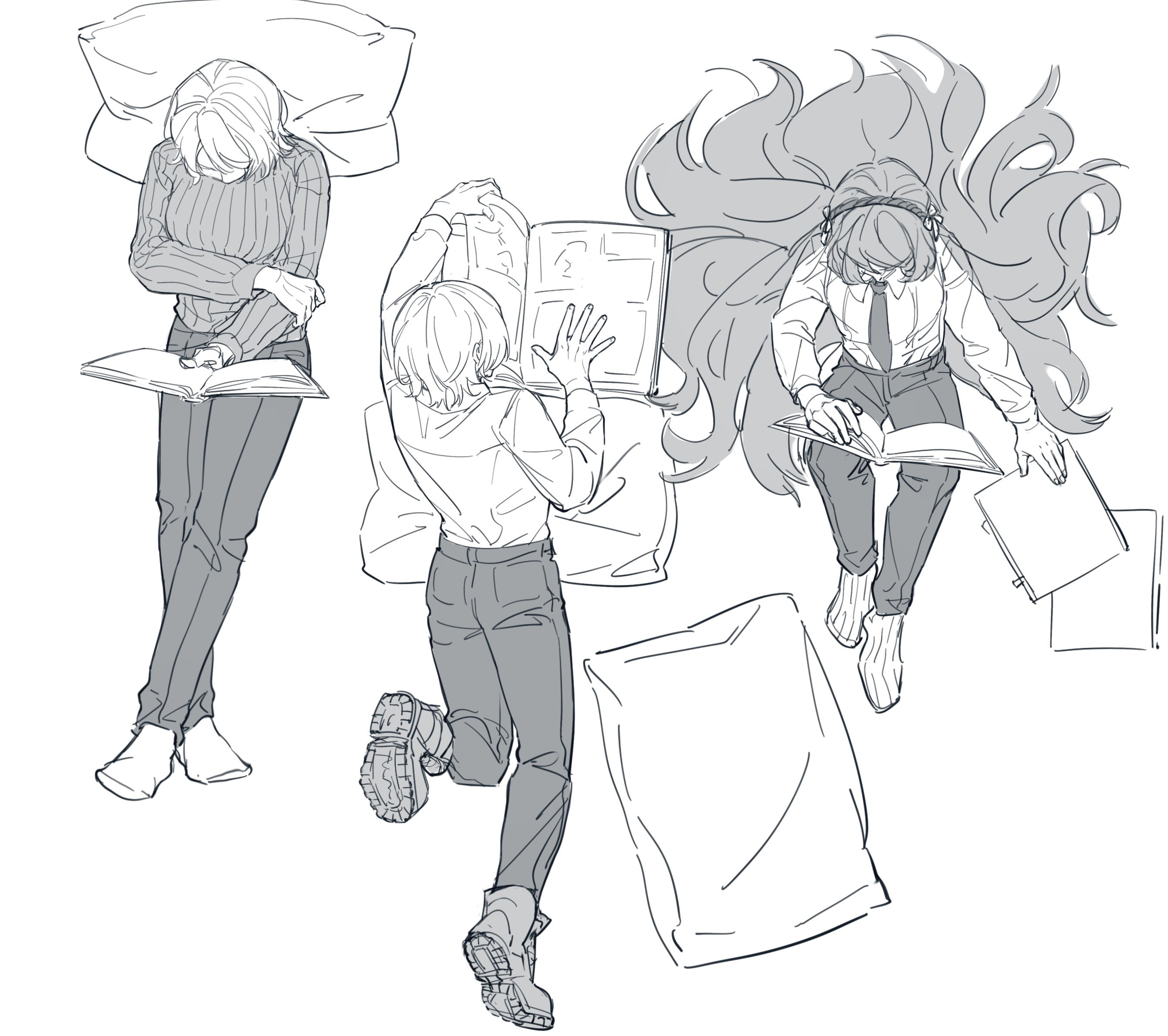 don quixote (project moon), faust (project moon), ishmael (project moon), limbus company, project moon, highres, 3girls, book, bow, breasts, collared shirt, crossed legs, greyscale, hair bow, hairband, kkolo432271, large breasts, long hair, long sleeves, lying, monochrome, multiple girls, necktie, on stomach, pants, pillow, reading, ribbed socks, ribbed sweater, rope, shirt, short hair, simple background, sitting, socks, sweater, very long hair