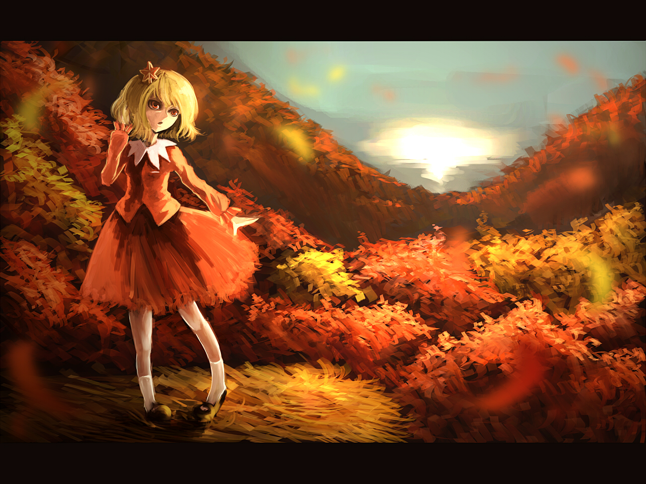 parsley-f, aki shizuha, touhou, bad id, bad pixiv id, 1girl, autumn, blonde hair, cloud, female focus, full body, leaf, letterboxed, outdoors, plant, red eyes, shoes, socks, solo, standing, tree