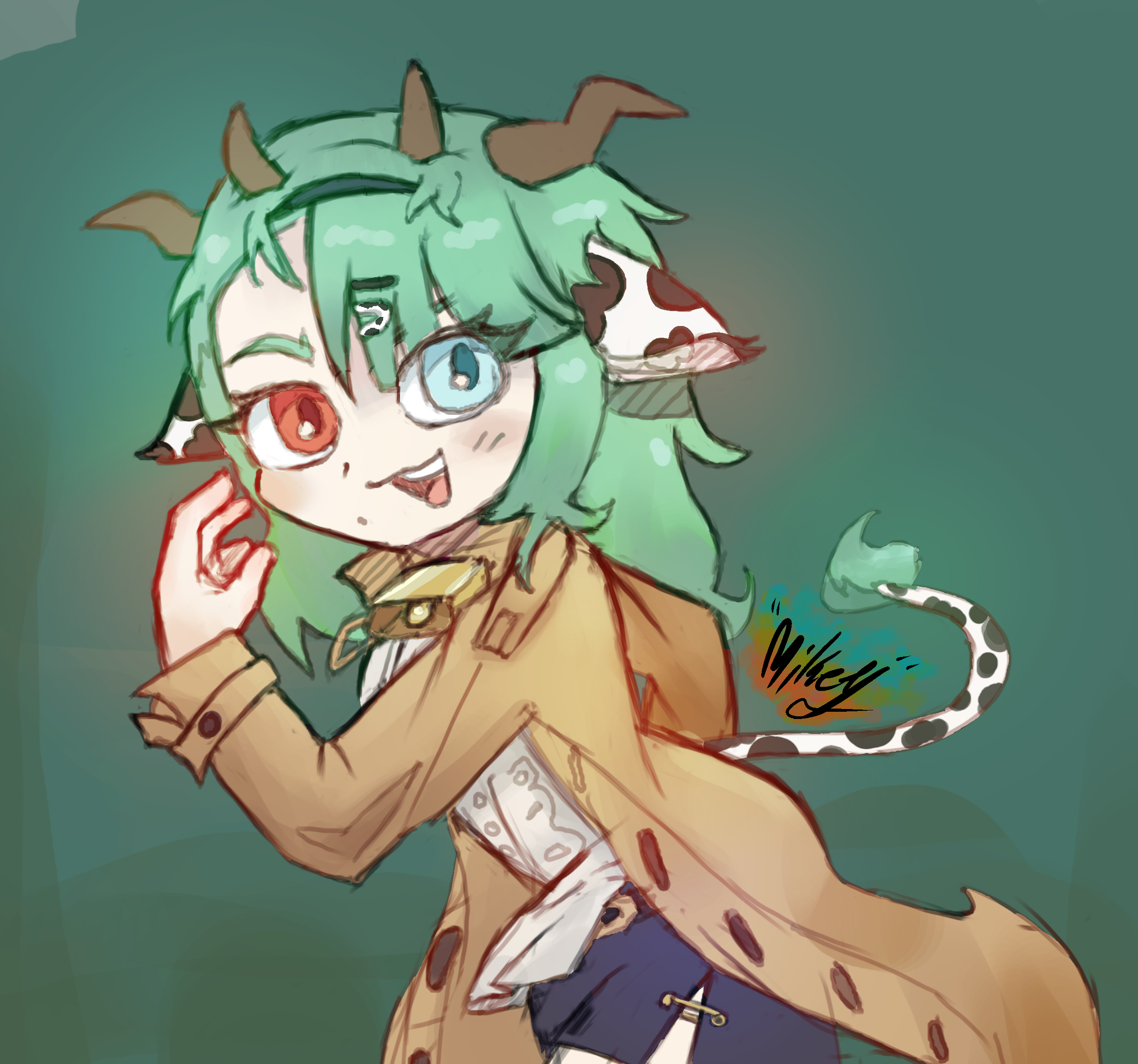 crelly (vtuber), indie virtual youtuber, commentary, highres, 1girl, :3, animal ears, aqua eyes, bell, black skirt, blush, brown coat, coat, cow ears, cow girl, cow horns, cow tail, cowbell, eyelashes, green background, green hair, hair ornament, hairclip, heterochromia, horns, long hair, long sleeves, mikeylokey, mole, mole under mouth, neck bell, open clothes, open coat, open mouth, red eyes, shirt, signature, skirt, smile, solo, tail, teeth, upper teeth only, vest, white shirt