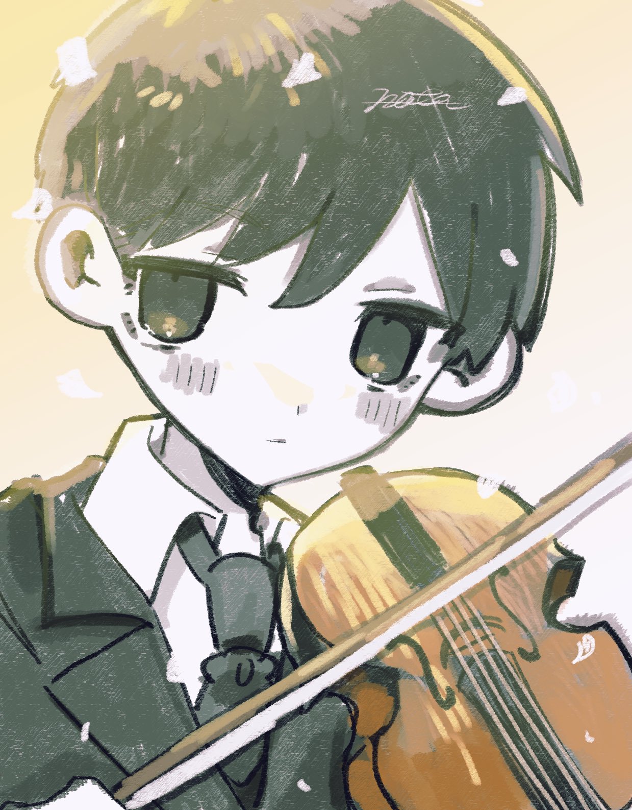 nata kadu, sunny (omori), omori, commentary request, highres, 1boy, alternate costume, black eyes, black hair, black necktie, black suit, blush, bow (music), closed mouth, collared shirt, expressionless, formal clothes, holding, holding bow (music), holding instrument, holding violin, instrument, looking at viewer, male focus, necktie, shirt, short hair, solo, suit, upper body, violin, white shirt