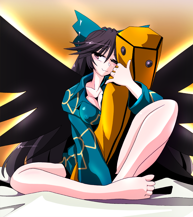 kieyza, reiuji utsuho, touhou, 1girl, :3, arm cannon, bad anatomy, bad feet, barefoot, black hair, bottomless, bow, breasts, brown eyes, cleavage, covered erect nipples, feet, female focus, hair bow, large breasts, long hair, one eye closed, oversized wings, pajamas, pillow, poorly drawn, solo, weapon, wings, wink