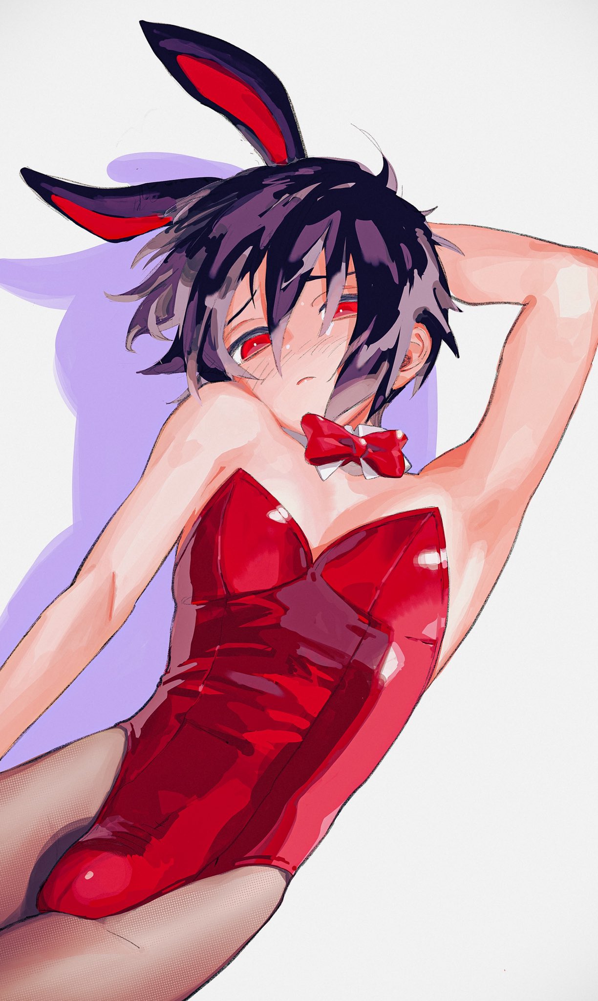 tokumei wombat, shinn asuka, gundam, gundam seed, gundam seed destiny, commentary, highres, 1boy, animal ear hairband, animal ears, black hair, blush, bow, bowtie, bulge, closed mouth, detached collar, fake animal ears, hair between eyes, hairband, leotard, looking at viewer, male focus, male playboy bunny, pantyhose, rabbit ear hairband, rabbit ears, red bow, red bowtie, red eyes, red leotard, shadow, short hair, simple background, solo, strapless, strapless leotard, white background