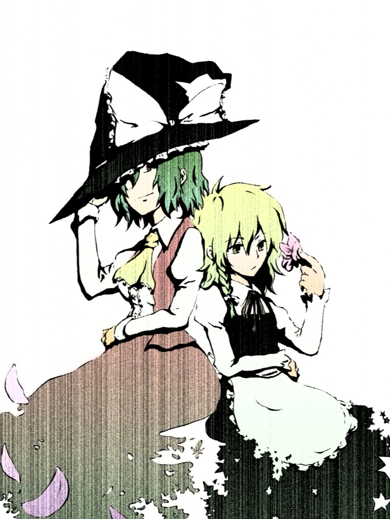 haruichi (sazanami complex), syunichi, kazami yuuka, kirisame marisa, touhou, 2girls, ascot, blonde hair, bow, braid, female focus, flower, green hair, hat, high contrast, holding, holding flower, multiple girls, petals, ribbon, short hair, simple background, skirt, skirt set, vest, white background, witch, witch hat