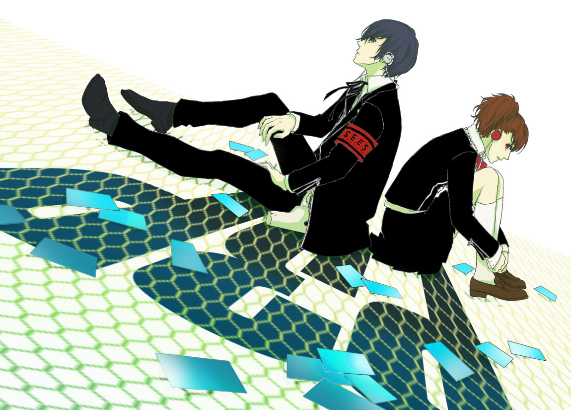 tani (lupe), shiomi kotone, yuuki makoto (persona 3), atlus, persona, persona 3, persona 3 portable, bad id, bad pixiv id, armband, blue eyes, blue hair, bow, brown hair, card, headphones, red eyes, ribbon, school uniform