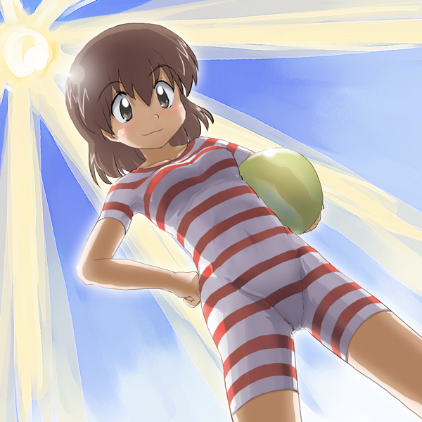 tanada-bon, kasugano hiyori, sketchbook full colors, 00s, 1girl, ball, beachball, brown hair, female focus, multicolored one-piece swimsuit, old-fashioned swimsuit, one-piece swimsuit, short hair, solo, striped clothes, striped one-piece swimsuit, swimsuit