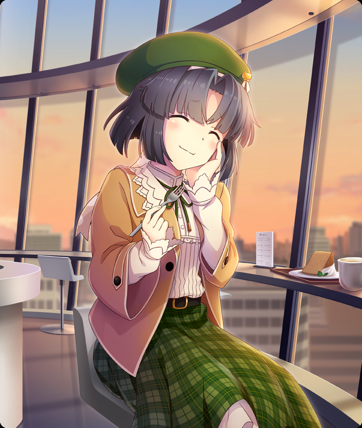 musumi kiyoka, toji no miko, toji no miko: kizamishi issen no tomoshibi, game cg, official art, third-party source, 1girl, :t, belt, beret, black belt, black hair, blue sky, blush, brown jacket, building, cake, cake slice, chair, cityscape, closed eyes, cloud, cup, dot nose, eating, evening, food, fork, gradient sky, green hat, green skirt, hand on own cheek, hand on own face, hat, holding, holding fork, indoors, jacket, long sleeves, on chair, orange sky, parted bangs, plaid clothes, plaid skirt, plate, ribbed shirt, shirt, short hair, sitting, skirt, sky, smile, solo, white shirt, window