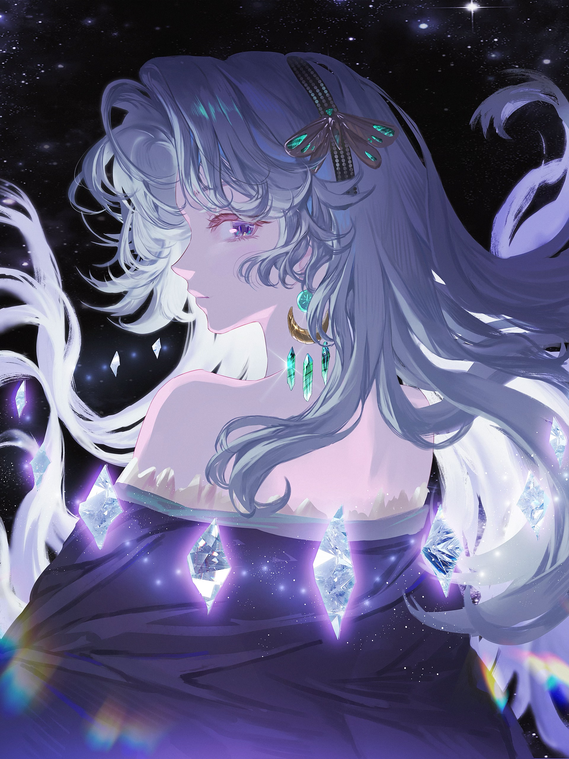 jiusheng (huaichuan), reverse:1999, absurdres, highres, 1girl, bare shoulders, beryl bouanich, black background, black cloak, blue eyes, cloak, crescent, crescent earrings, crystal, dragonfly hair ornament, earrings, floating earrings, floating hair, from behind, grey hair, heic-to-png conversion, jewelry, light particles, long hair, looking at viewer, profile, solo, upper body