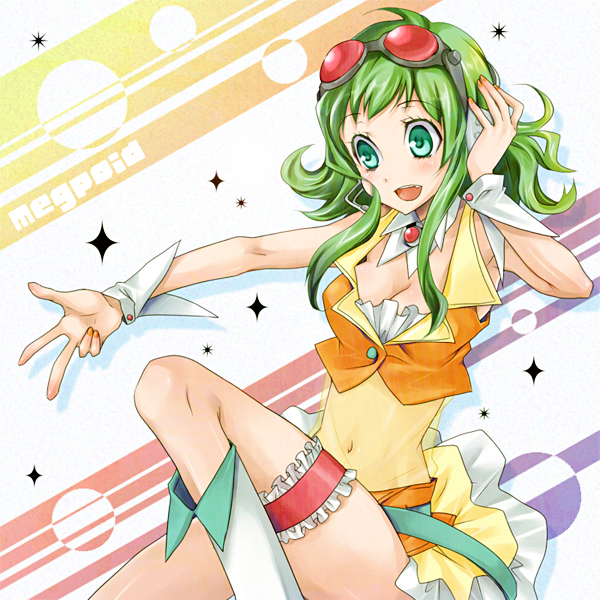 mikipa, gumi, vocaloid, bad id, bad pixiv id, 1girl, belt, boots, breasts, cleavage, female focus, goggles, goggles on head, green eyes, green hair, headphones, headset, matching hair/eyes, medium breasts, midriff, red-tinted eyewear, see-through clothes, short hair, skirt, smile, solo, star (symbol), tinted eyewear, wrist cuffs