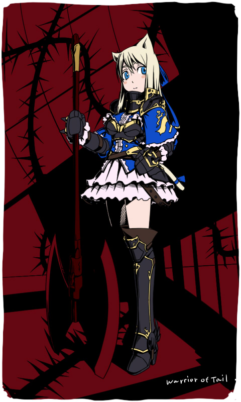 captain freedom, bad id, bad pixiv id, animal ears, axe, blonde hair, blue eyes, boots, cat ears, solo, thighhighs, weapon