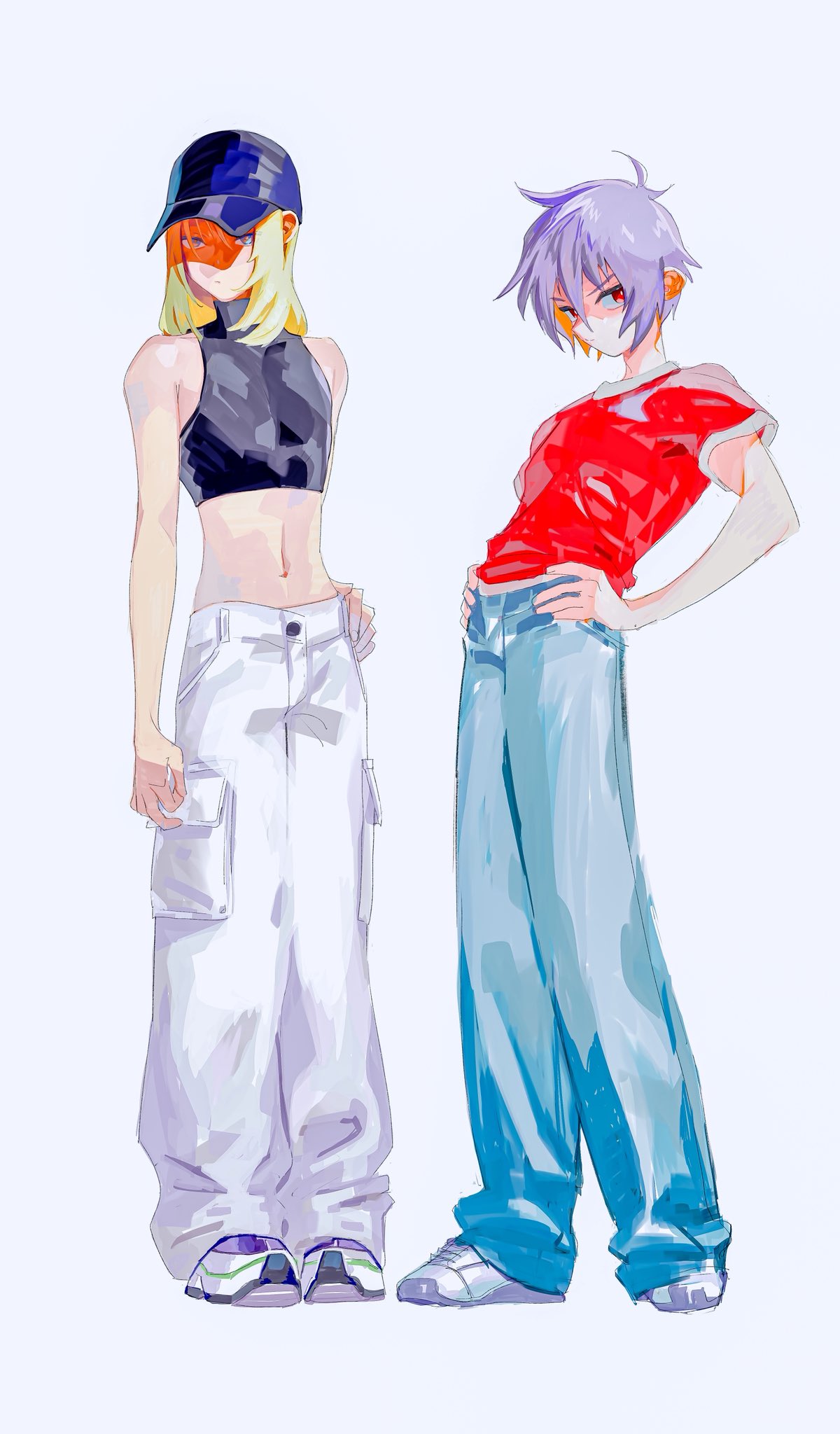 tokumei wombat, rey za burrel, shinn asuka, gundam, gundam seed, gundam seed destiny, highres, 2boys, baseball cap, black hair, blonde hair, blue eyes, blue pants, closed mouth, crop top, denim, expressionless, full body, hands on own hips, hat, looking at viewer, male focus, medium hair, midriff, multiple boys, pants, red eyes, red shirt, shirt, shoes, short hair, simple background, sneakers, standing, white background, white pants