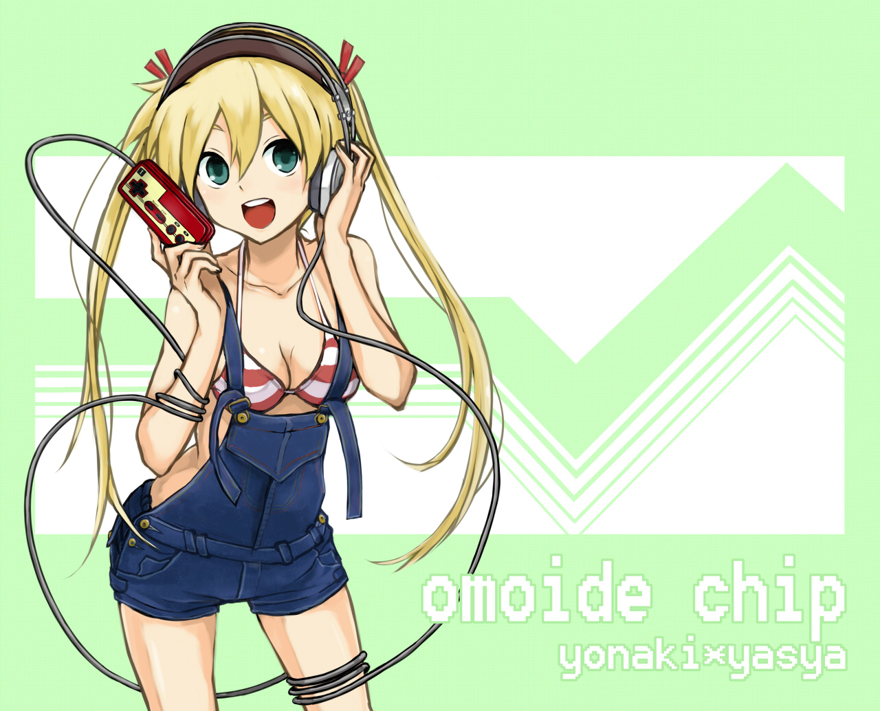 shuuhei (artist), shuuhei (shoohey), original, 1girl, bikini, bikini top only, blonde hair, breasts, cable, entangled, famicom, female focus, game console, green eyes, hair ribbon, headphones, long hair, open mouth, overalls, ribbon, solo, striped bikini, striped clothes, swimsuit, twintails