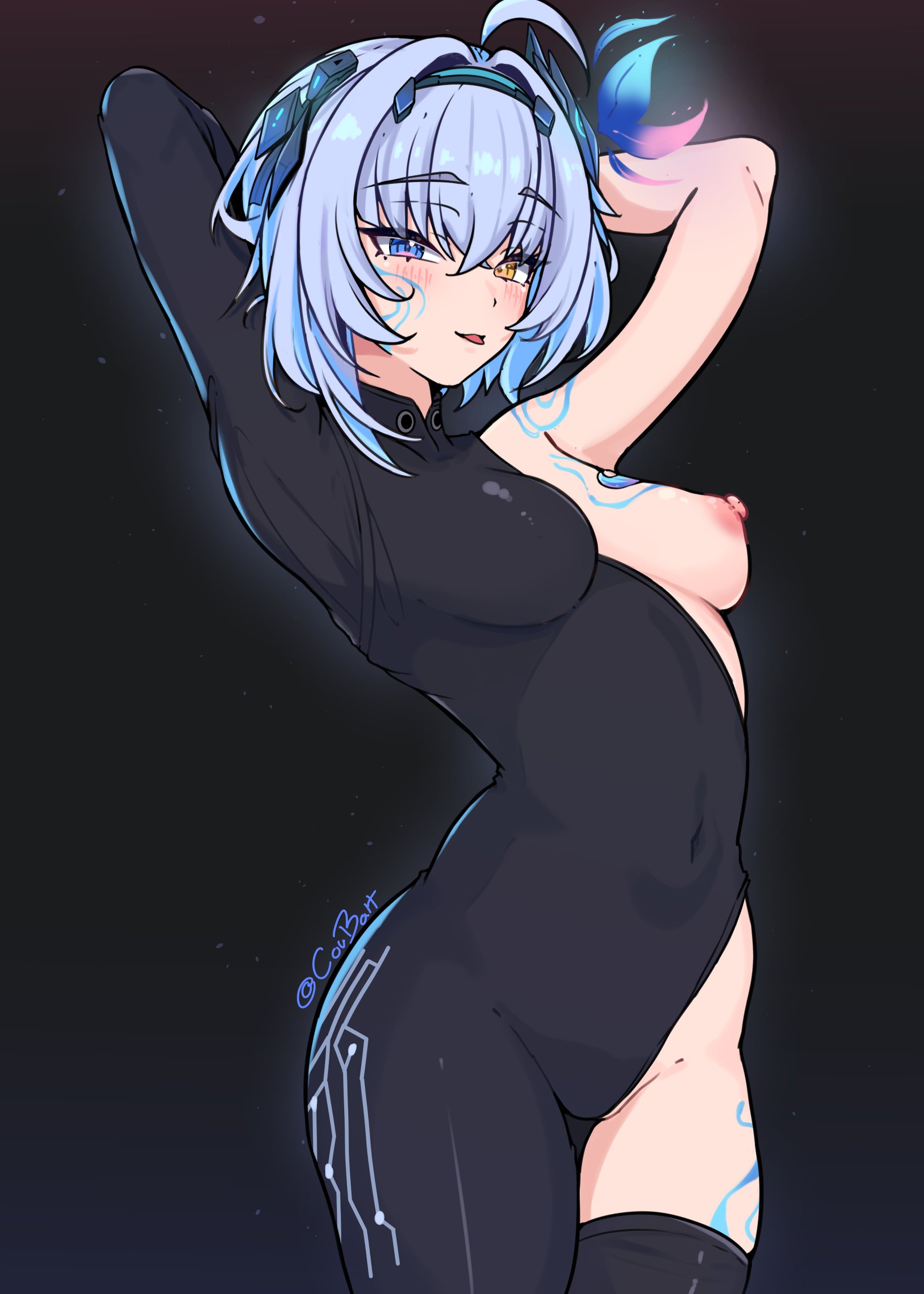 coubalty, sayu sincronisity, noa talent, absurdres, commentary, hashtag-only commentary, highres, 1girl, ahoge, armpits, arms behind head, artist name, blue eyes, blue hair, blush, breasts, facial mark, half-dress, heterochromia, hip tattoo, looking at viewer, medium breasts, navel, nipples, one breast out, short hair, smile, solo, tattoo, techwear, tongue, tongue out, virtual youtuber, yellow eyes