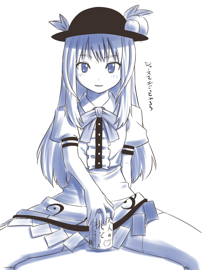 captain freedom, hinanawi tenshi, touhou, bad id, bad pixiv id, translation request, 1girl, blue theme, can, female focus, food, fruit, hat, long hair, monochrome, peach, sexually suggestive, solo, thighhighs