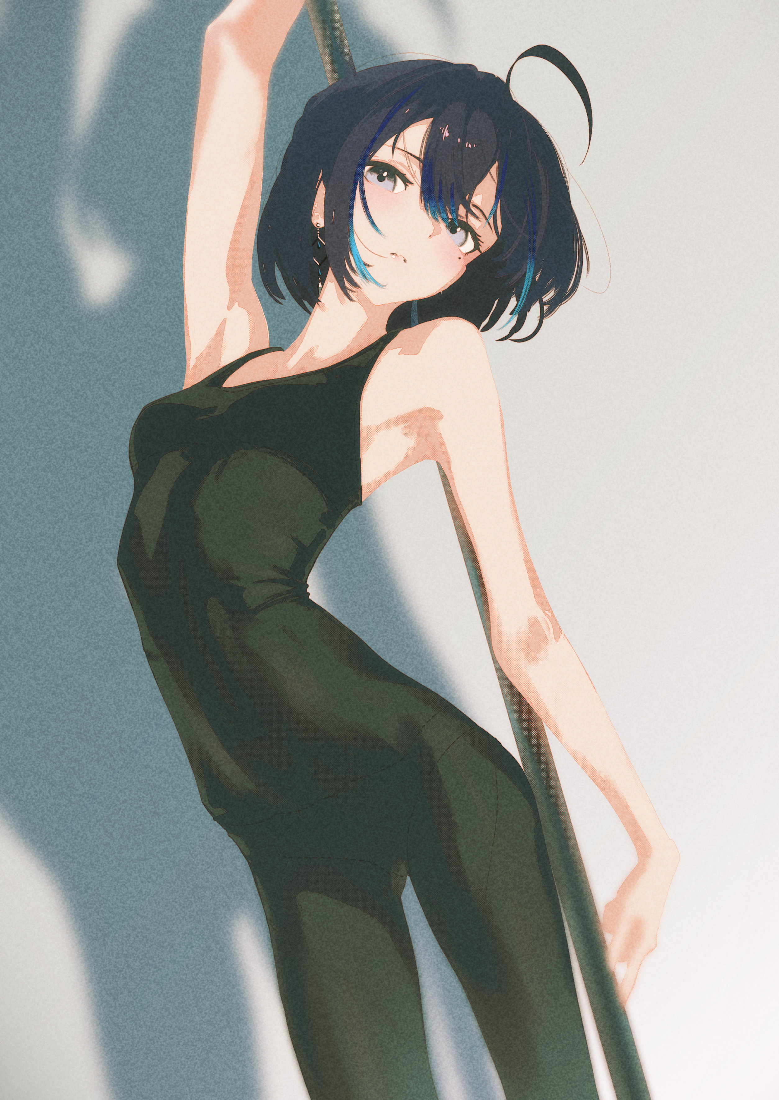 cohi27151463, yubari rei, indie virtual youtuber, absurdres, highres, 1girl, ahoge, arm up, armpits, bare arms, black bodysuit, black hair, blue hair, bodysuit, breasts, covered navel, double-parted bangs, earrings, grey eyes, jewelry, medium breasts, mole, mole under eye, multicolored hair, pole, pole dancing, short hair, solo, streaked hair, stripper pole, virtual youtuber
