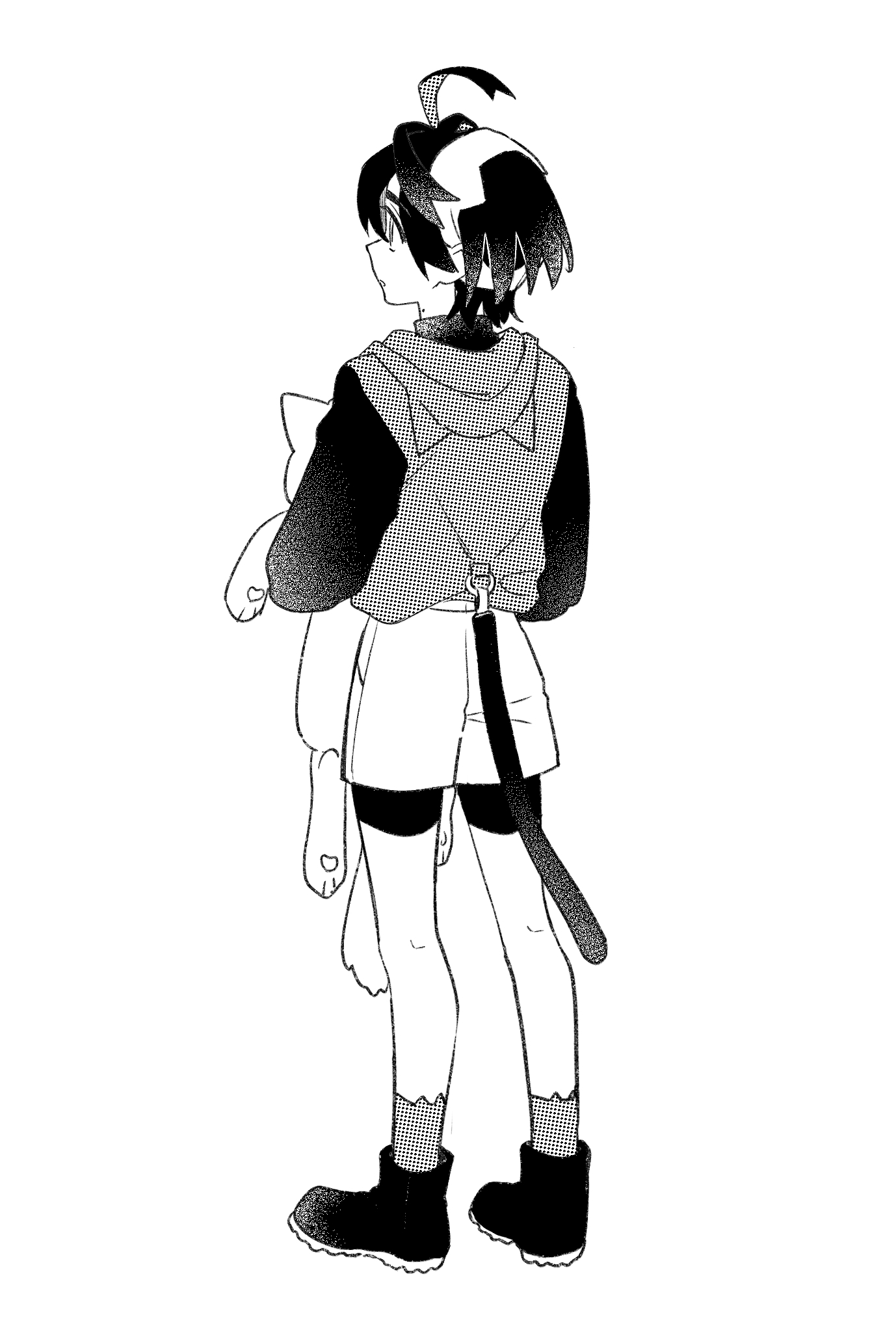 naruse makoto, kieran (pokemon), nintendo, pokemon, pokemon sv, check commentary, commentary request, highres, 1boy, ahoge, animal ear hood, bike shorts, bike shorts under shorts, cat tail, fake animal ears, fake tail, from behind, greyscale, holding, holding stuffed toy, hood, hoodie, long sleeves, male focus, mole, mole on neck, monochrome, short hair, shorts, solo, stuffed animal, stuffed cat, stuffed toy, tail, white background