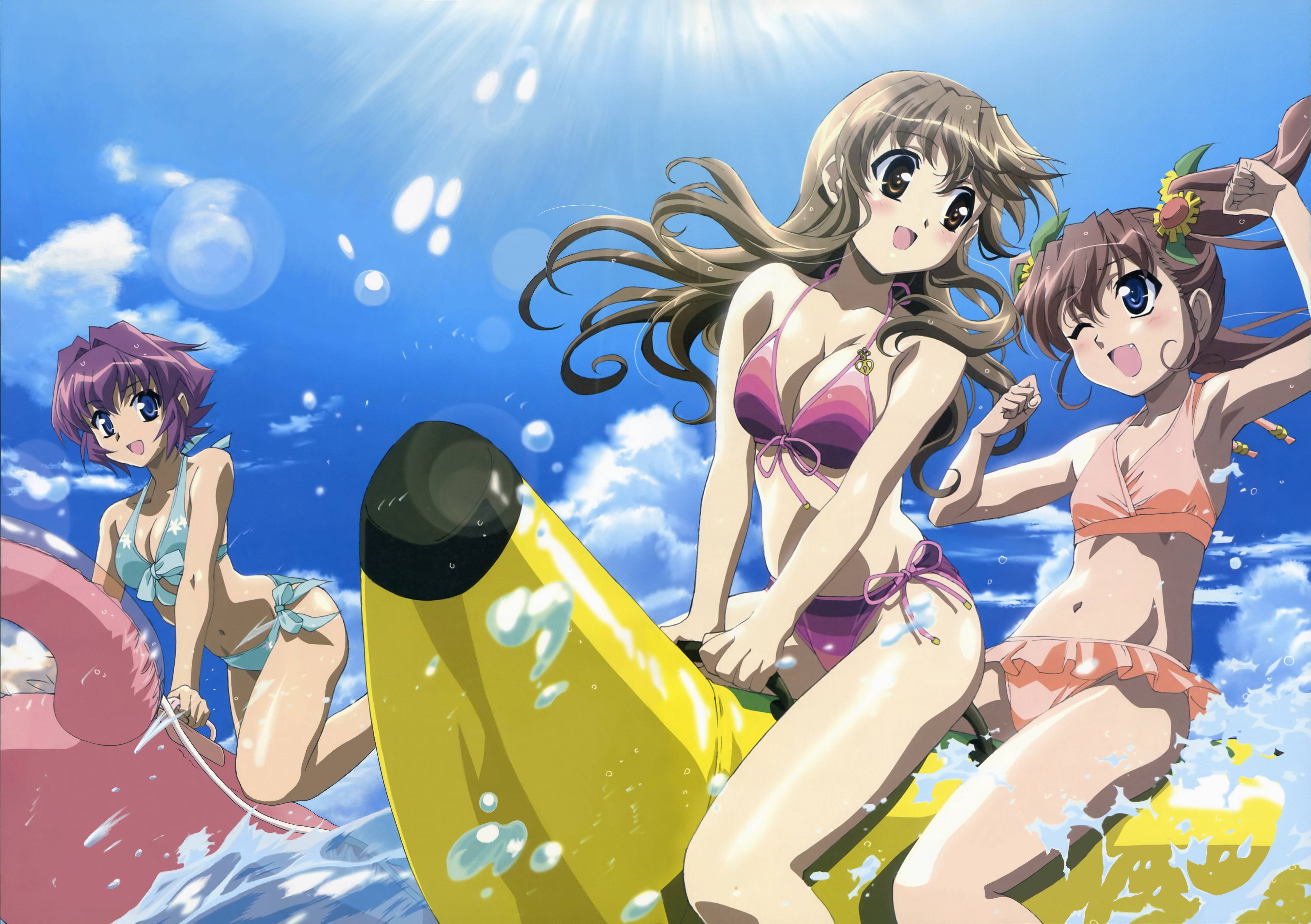 ishino satoshi, amamiya shiina, nogizaka haruka, nogizaka mika, nogizaka haruka no himitsu, absurdres, detexted, highres, non-web source, third-party edit, 00s, 3girls, banana boat, bikini, blue eyes, blush, breasts, brown eyes, brown hair, cleavage, cloud, day, fang, front-tie top, inflatable raft, large breasts, lens flare, light rays, long hair, multiple girls, on banana, one eye closed, outdoors, purple hair, short hair, side-tie bikini bottom, sky, sunbeam, sunlight, swimsuit, twintails, very long hair, water, wink