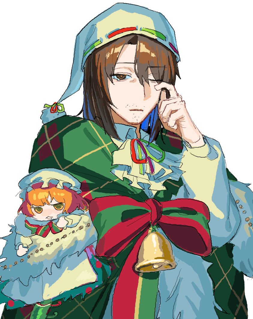 gregor (project moon), ishmael (project moon), limbus company, project moon, 1boy, 1girl, bell, bow, bowtie, brown eyes, brown hair, bus gen094, christmas nightmare (e.g.o), e.g.o (project moon), green eyes, hand up, hat, long sleeves, looking at viewer, mini person, minigirl, mob cap, neck ribbon, nightcap, one eye closed, orange hair, plaid clothes, plaid shawl, ribbon, shawl, shirt, striped bow, striped bowtie, striped clothes, white hat, white shirt