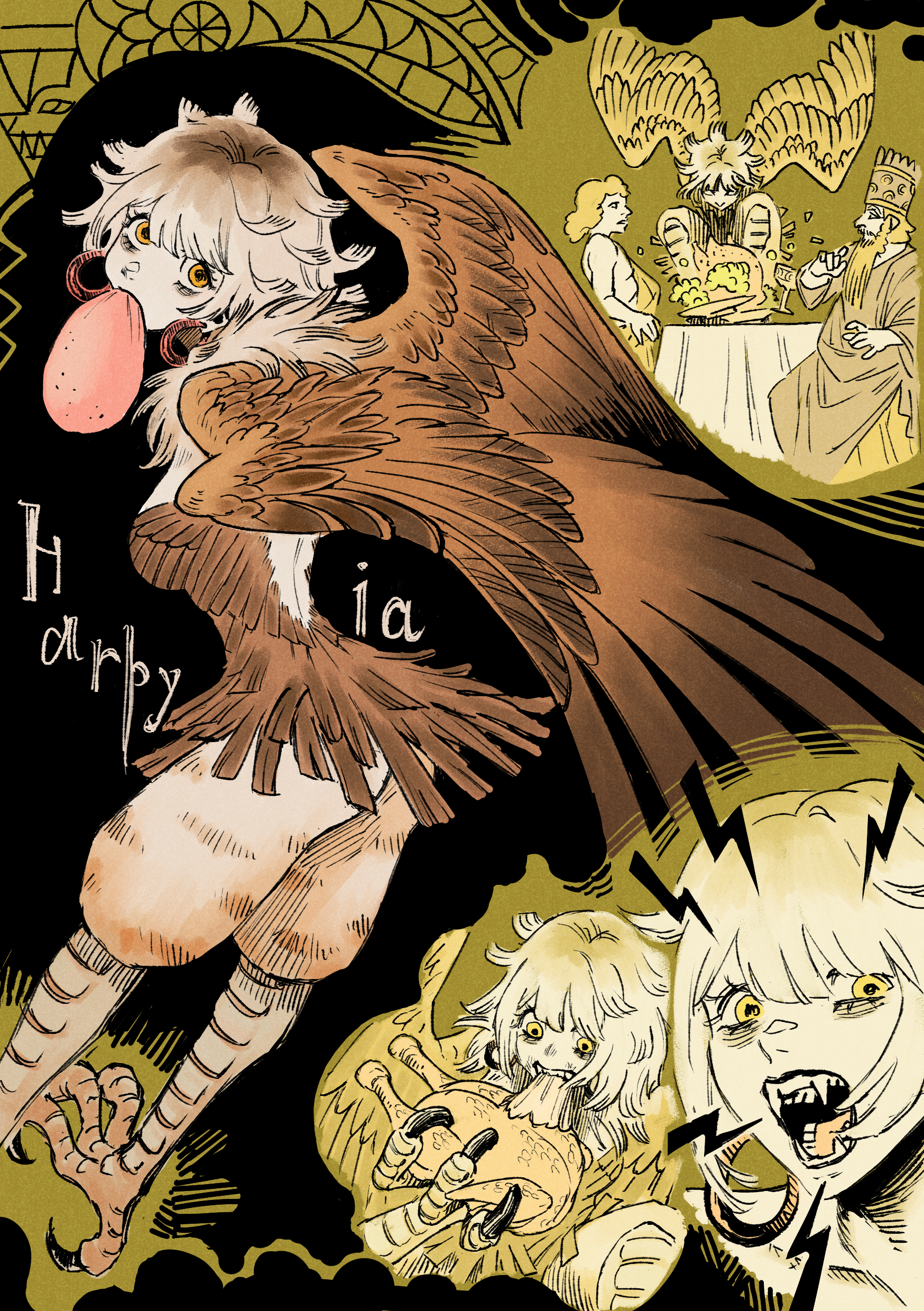 original, absurdres, highres, 1boy, 2girls, 58polar, animal feet, brown feathers, brown hair, brown wings, claws, earrings, eating, feathered wings, feathers, food, green background, harpy, hoop earrings, jewelry, looking at viewer, looking back, meat, monster girl, mouth hold, multiple girls, multiple views, neck feathers, orange eyes, talons, winged arms, wings