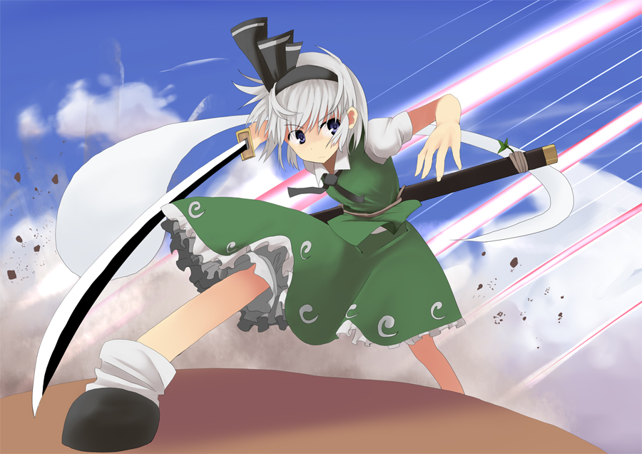 mieharu, konpaku youmu, konpaku youmu (ghost), touhou, silver hair, 1girl, blue eyes, danmaku, explosion, female focus, hairband, hitodama, katana, short hair, solo, sword, weapon