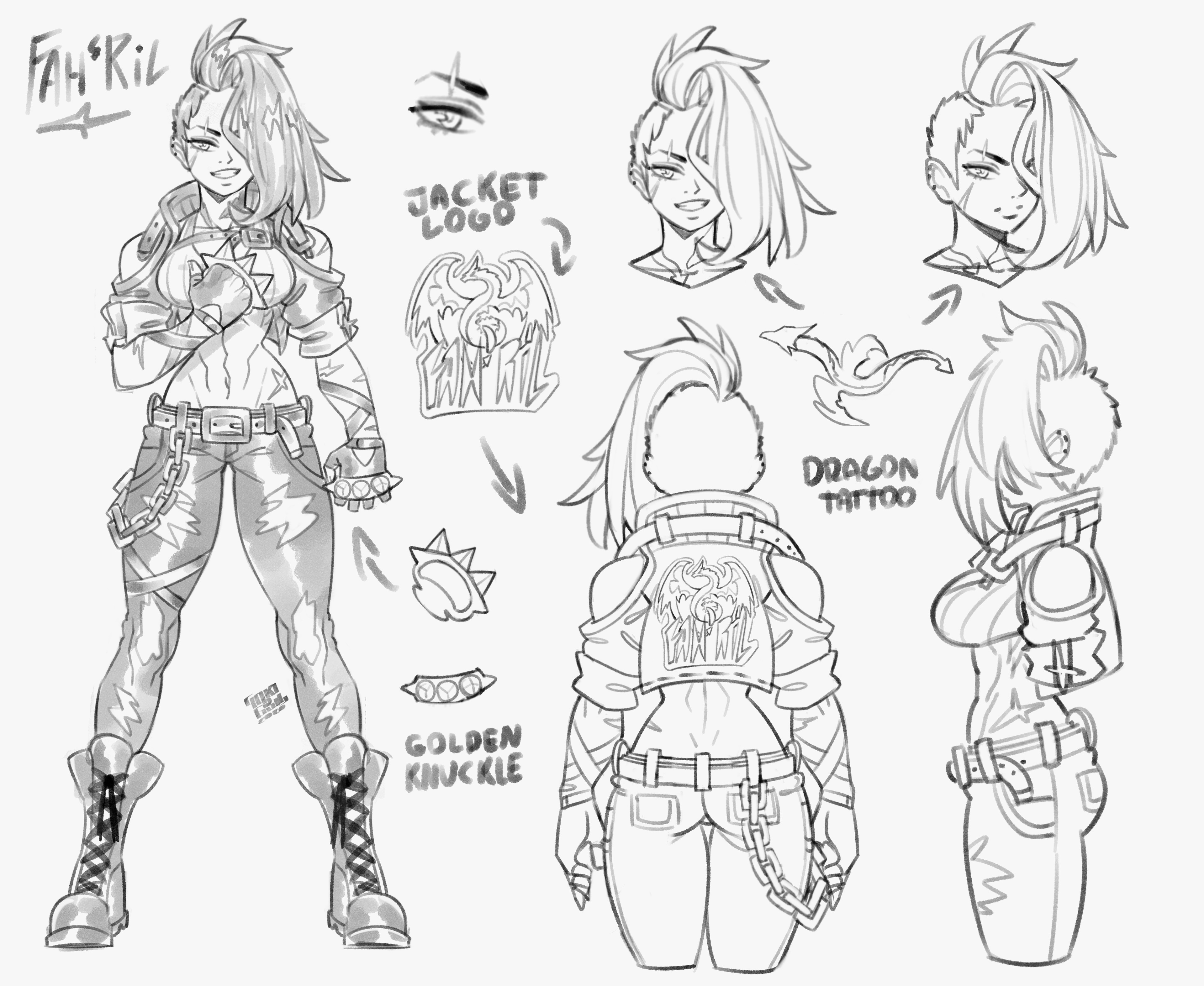 lokigun, original, absurdres, commentary, commission, english commentary, highres, 1girl, bare shoulders, belt, boots, brass knuckles, breasts, chain, character name, closed mouth, clothes writing, dragon tattoo, english text, eyelashes, facial scar, fingerless gloves, from behind, from side, full body, gloves, greyscale, hair over one eye, jacket, lineart, long hair, midriff, mohawk, monochrome, multiple views, navel, neck tattoo, open clothes, open jacket, pants, reference sheet, scar, scar across eyebrow, scar on arm, scar on cheek, scar on face, scar on hip, scar on shoulder, simple background, smile, standing, tattoo, teeth, toned, toned female, torn clothes, torn pants, weapon, white background