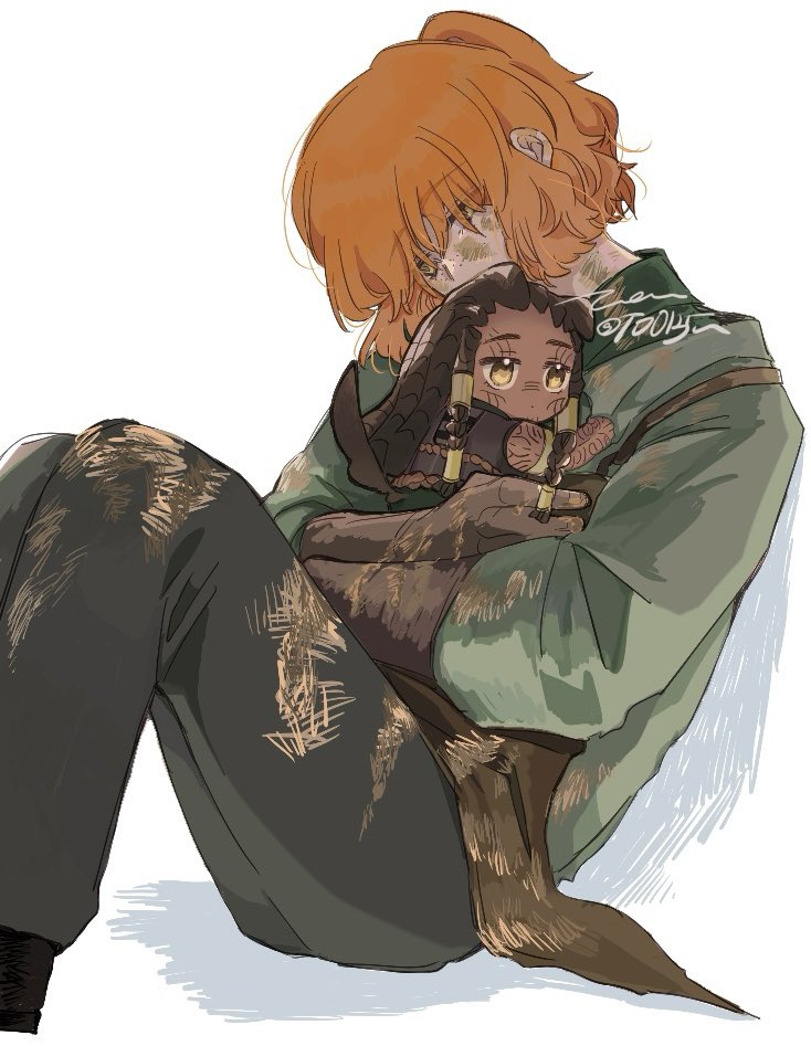 ishmael (project moon), ishmael (the pequod) (project moon), queequeg (project moon), limbus company, project moon, 2girls, apron, black pants, brown apron, brown gloves, brown shoes, collared shirt, dirty, dirty clothes, dirty face, gloves, green shirt, knees up, long sleeves, mini person, minigirl, multiple girls, orange hair, pants, shirt, shoes, short hair, simple background, to0125u, white background